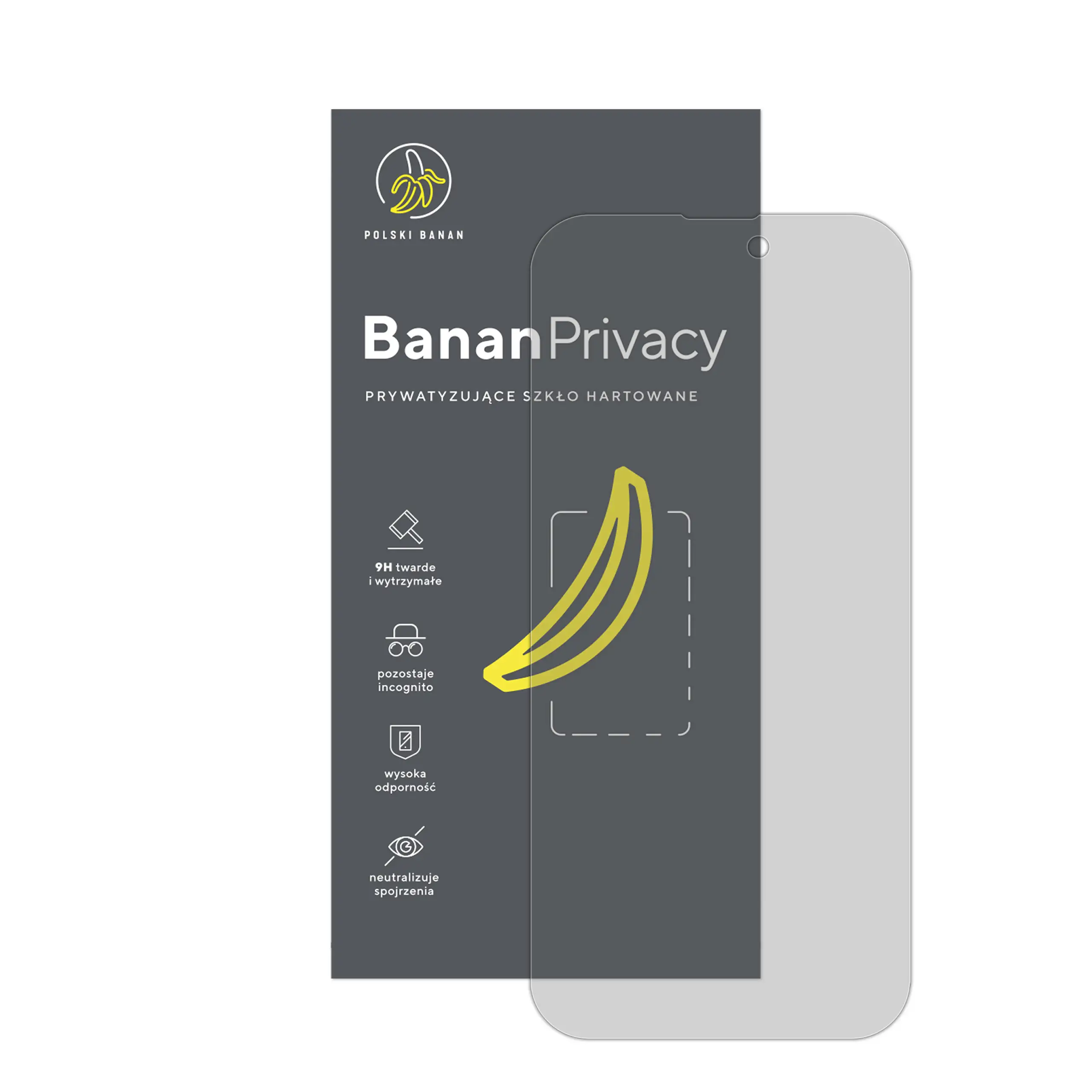 Prywatyzujące szkło hartowane BananPrivacy marki Polski Banan z opakowaniem do telefonu Apple iPhone 16 Pro Max
