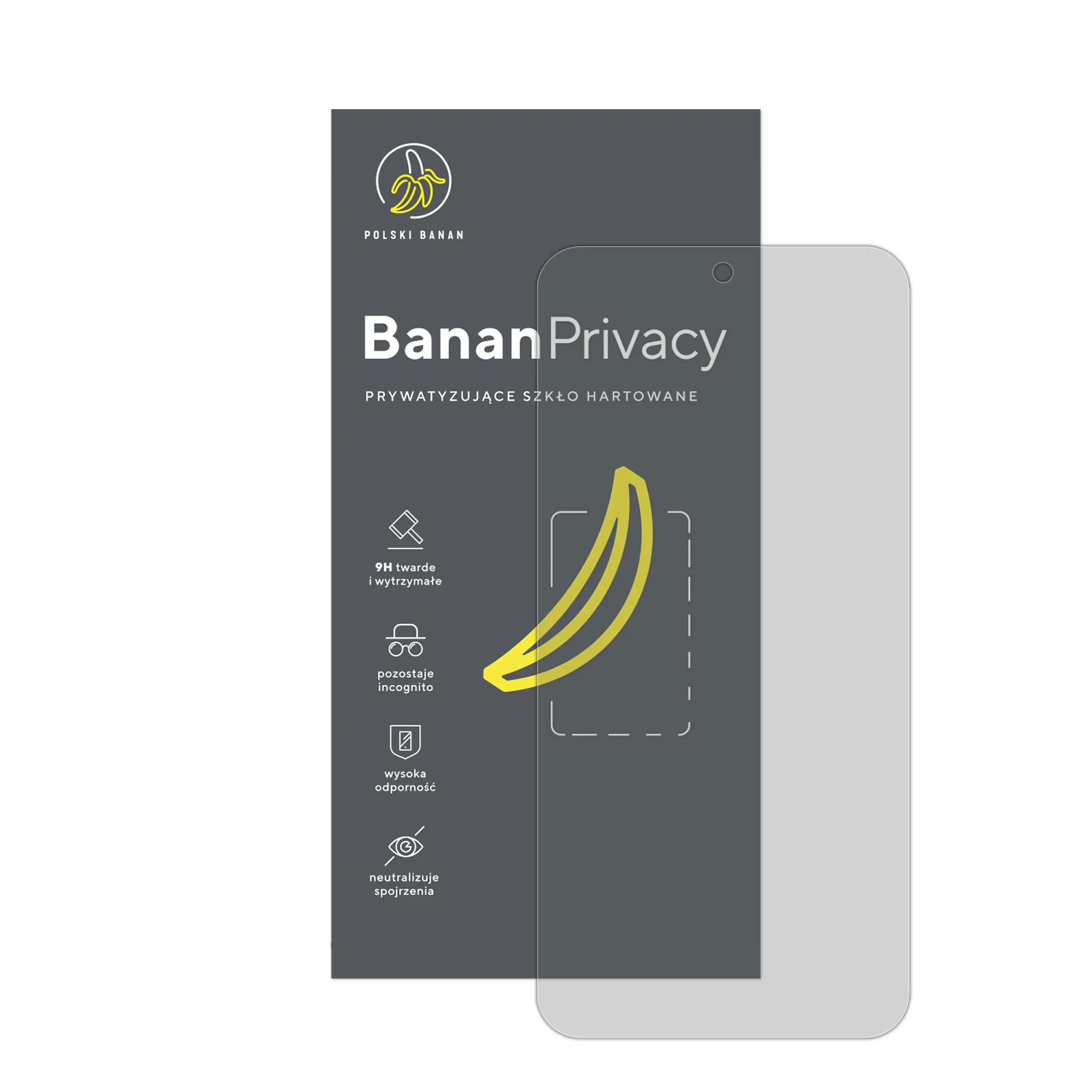 Prywatyzujące szkło hartowane BananPrivacy marki Polski Banan z opakowaniem do telefonu Samsung Galaxy S24 FE