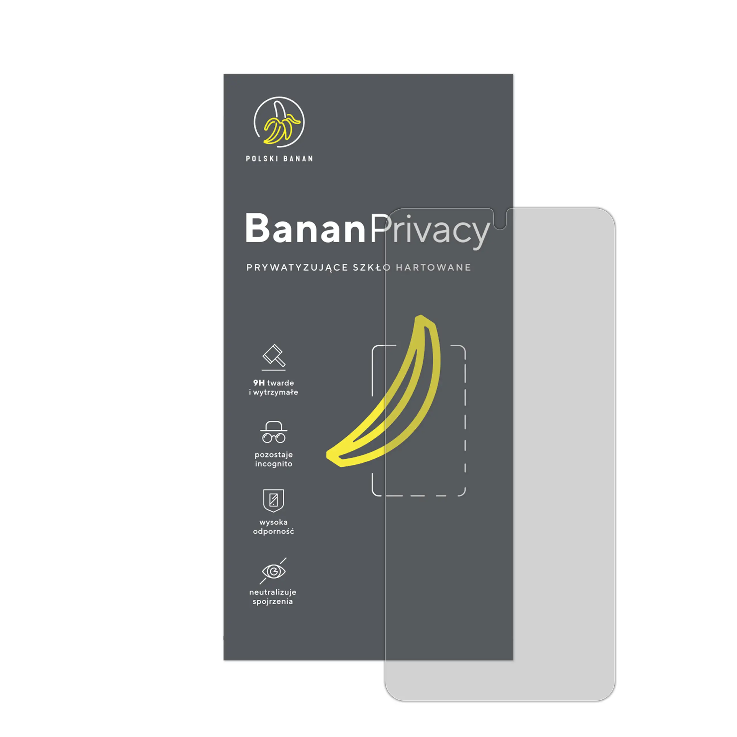 Prywatyzujące szkło hartowane BananPrivacy marki Polski Banan z opakowaniem do telefonu Samsung Galaxy S26