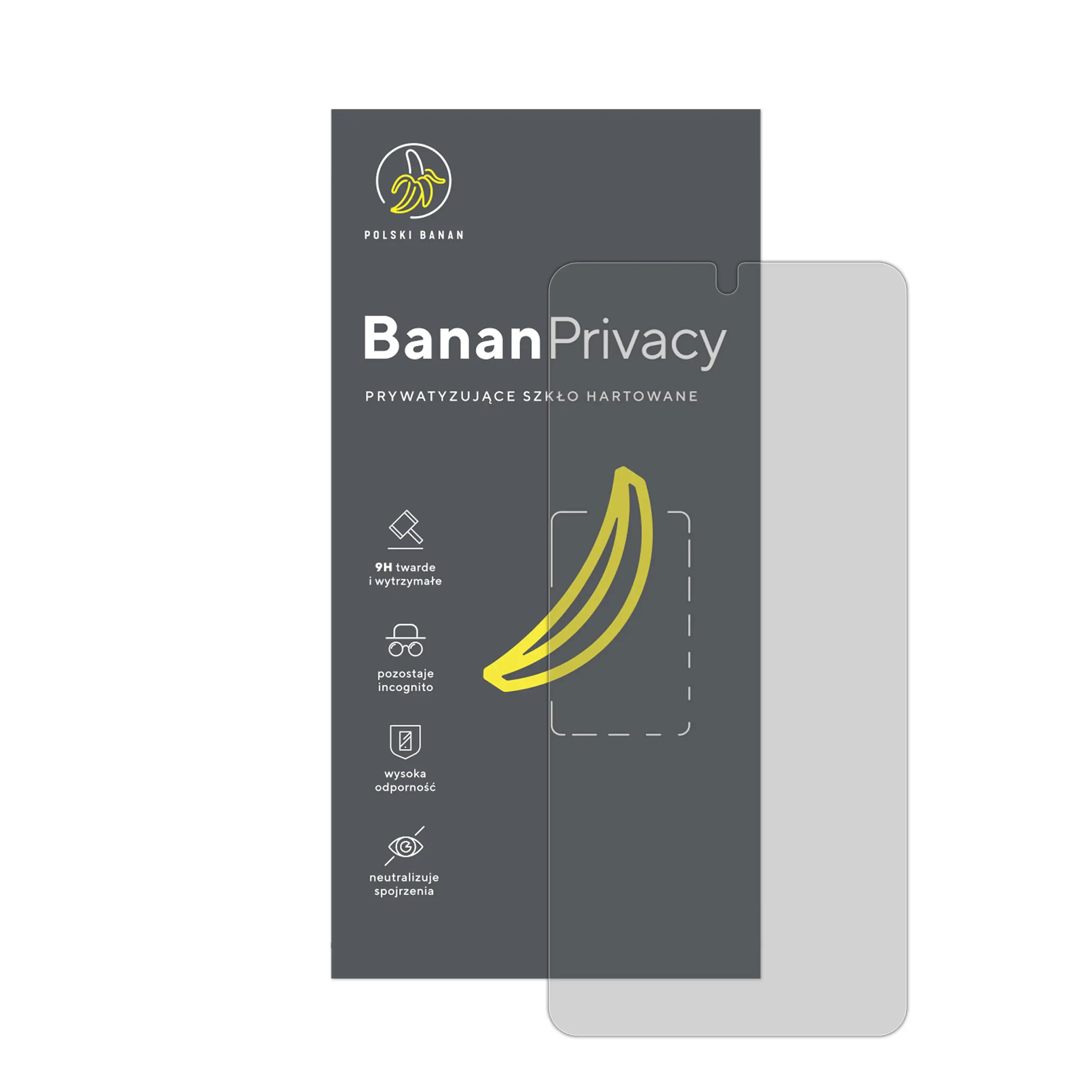 Prywatyzujące szkło hartowane BananPrivacy marki Polski Banan z opakowaniem do telefonu Samsung Galaxy S26 Plus