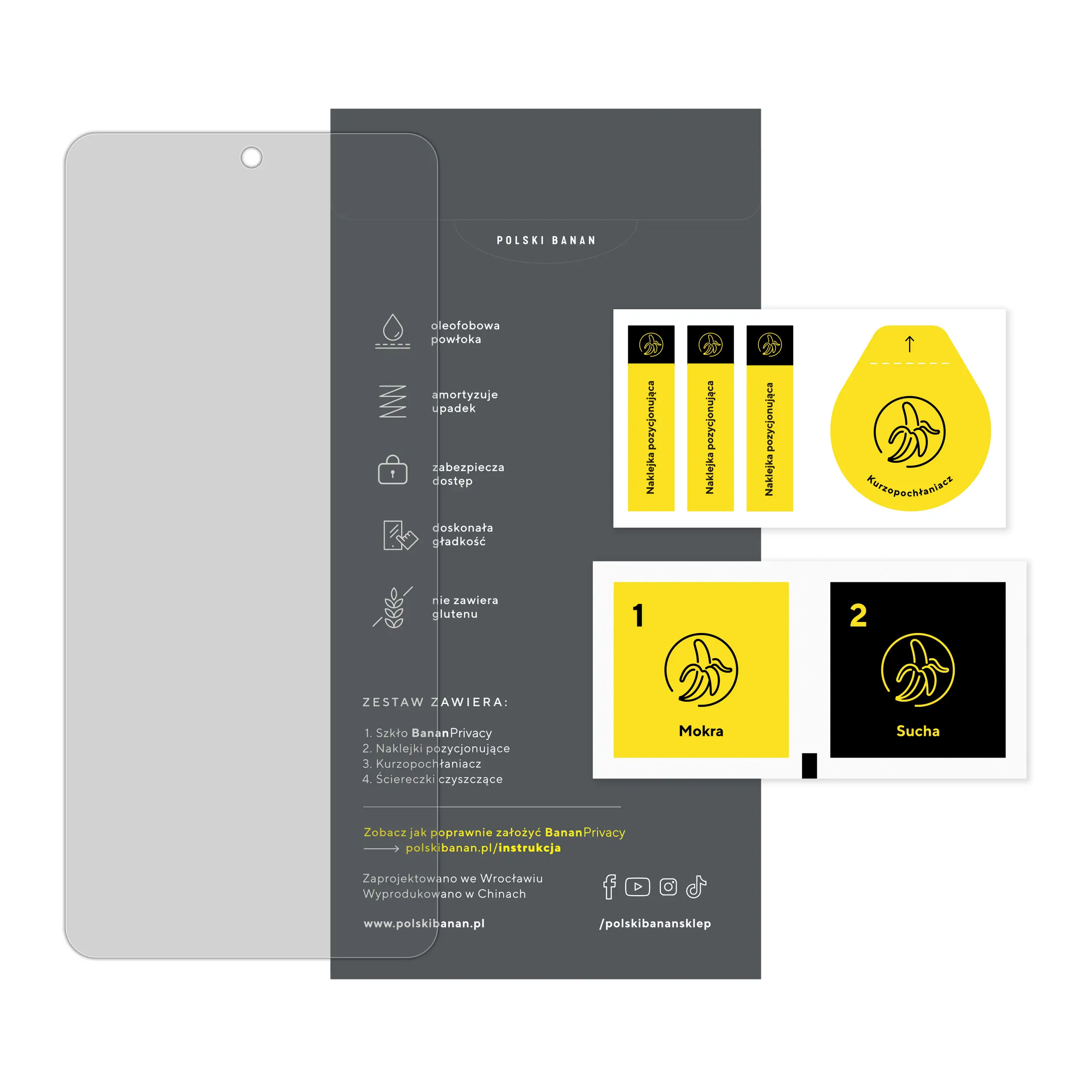 Zawartość zestawu prywatyzującego szkła hartowanego BananPrivacy do telefonu Xiaomi POCO X3 NFC: szkło, ściereczki, naklejki