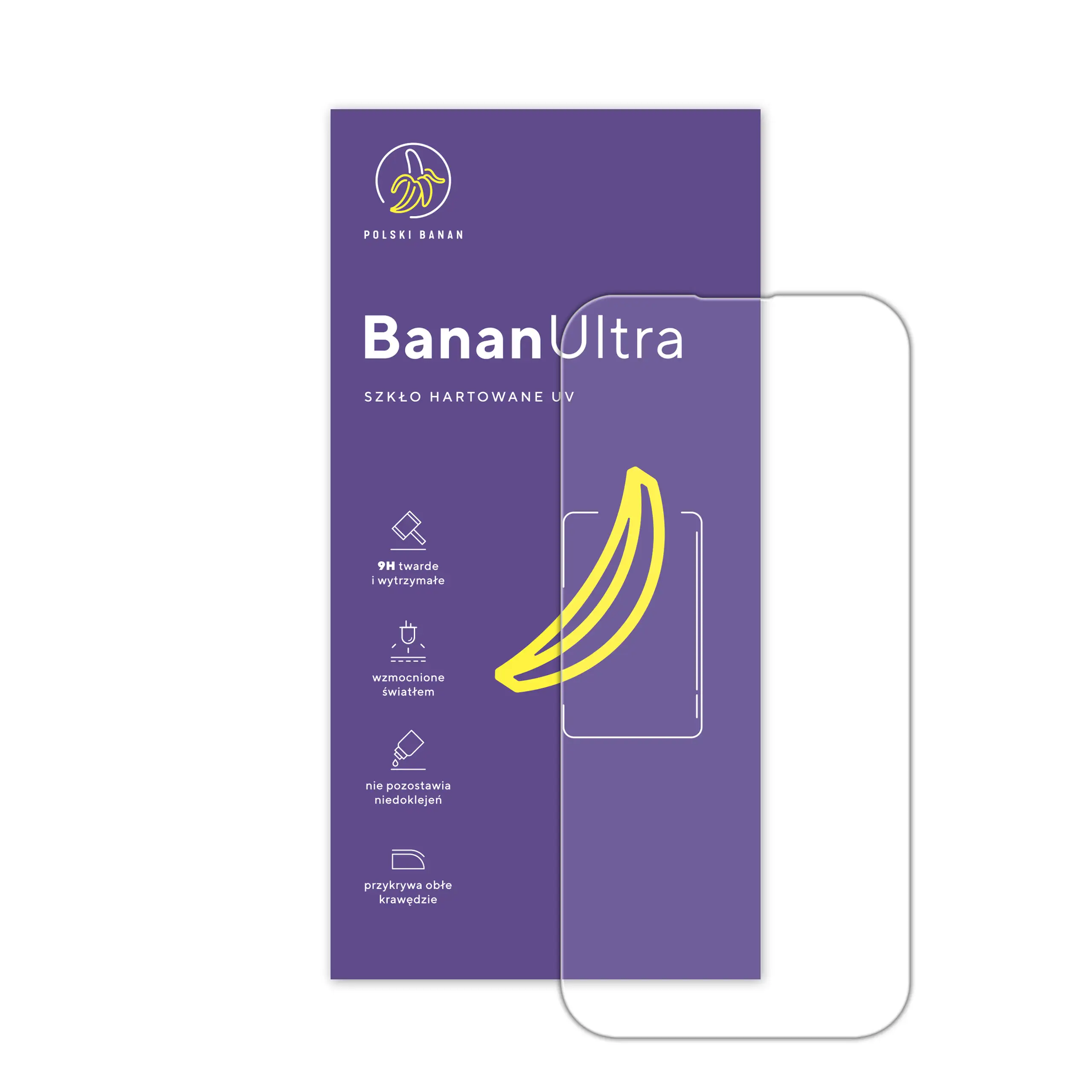 Zawartość zestawu szkła hartowanego UV Polski Banan BananUltra do telefonu Apple iPhone 15