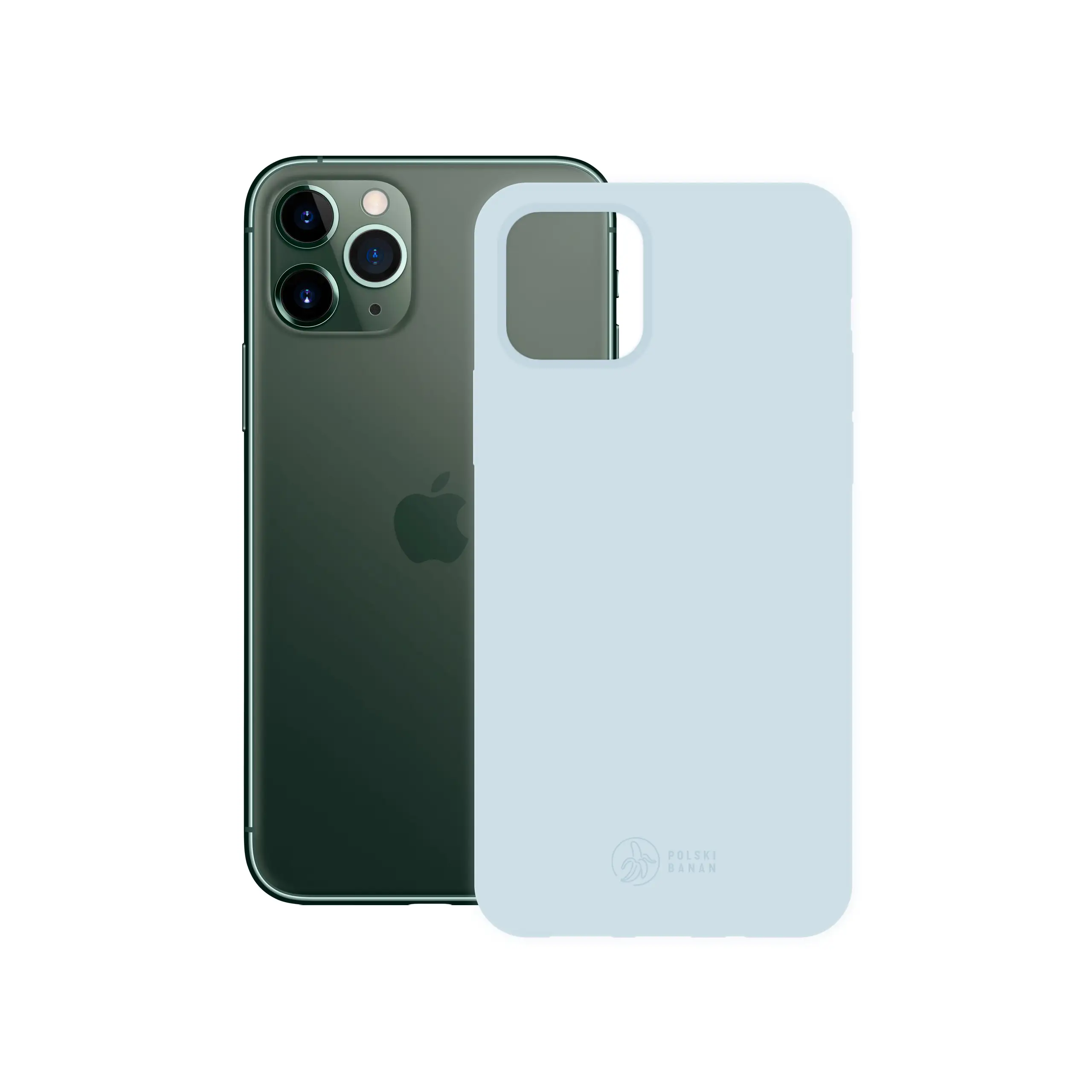 Etui silikonowe matowe błękitne Polski Banan obok telefonu Apple iPhone 11 Pro