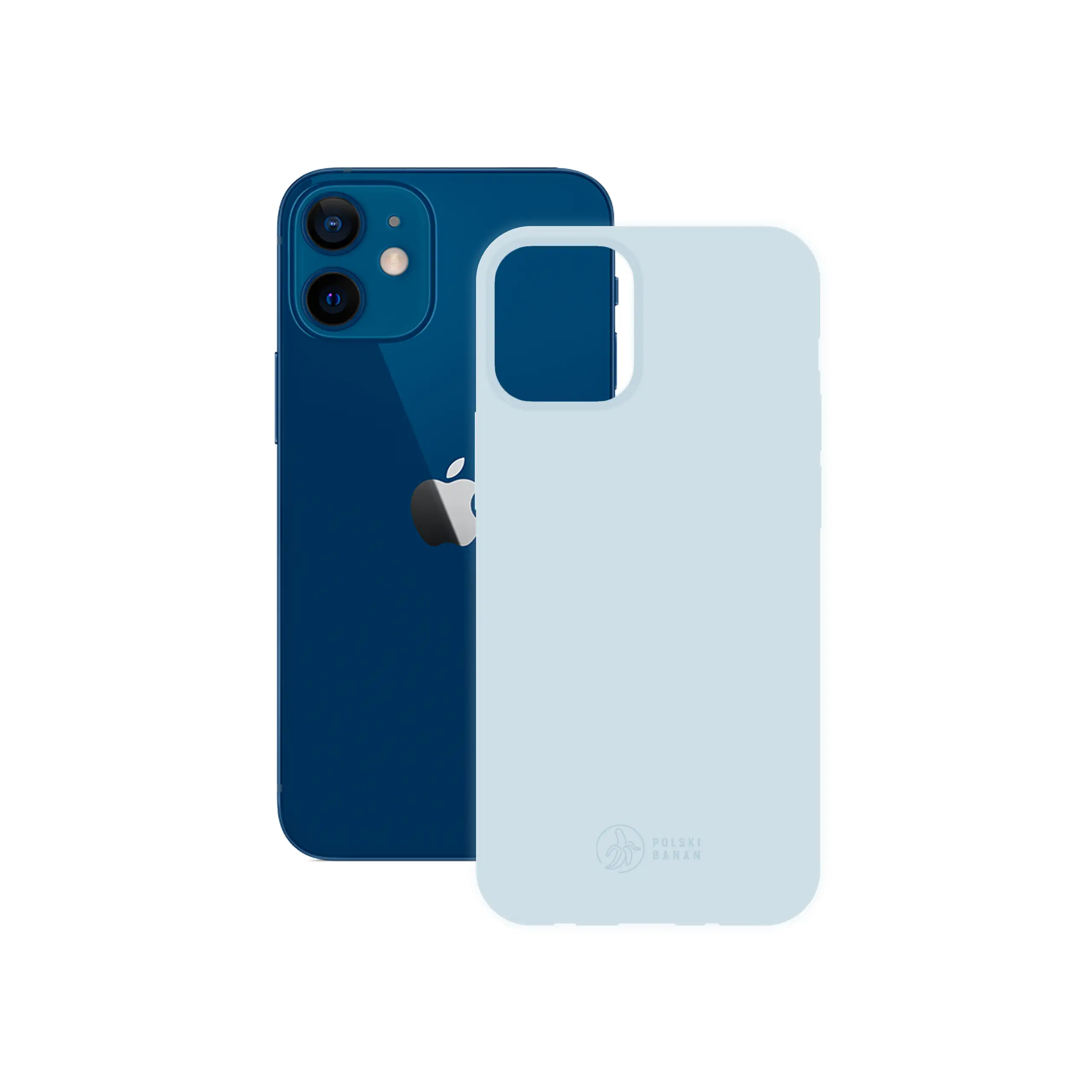 Etui silikonowe matowe błękitne Polski Banan obok telefonu Apple iPhone 12 mini