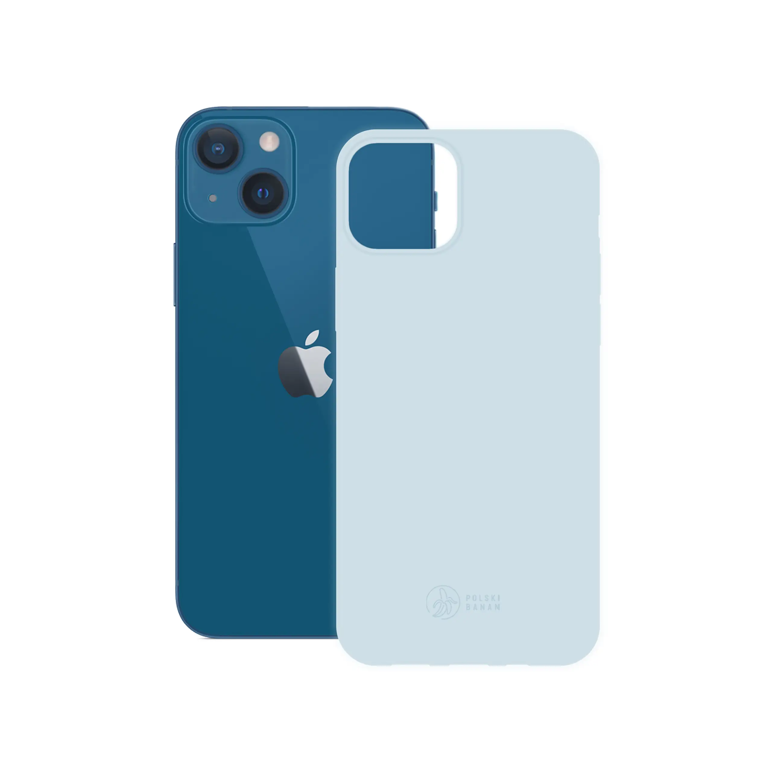 Etui silikonowe matowe błękitne Polski Banan obok telefonu Apple iPhone 13