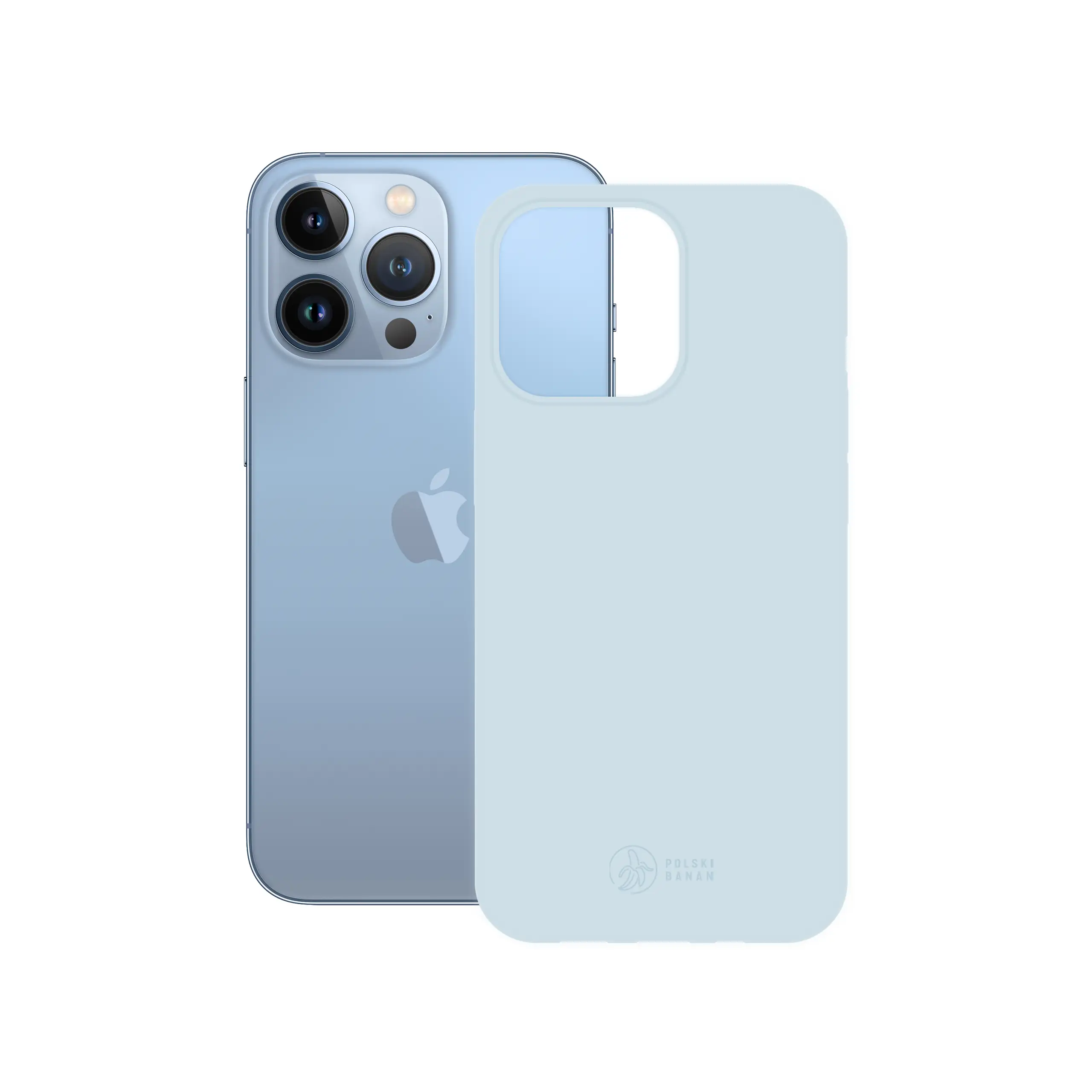 Etui silikonowe matowe błękitne Polski Banan obok telefonu Apple iPhone 13 Pro