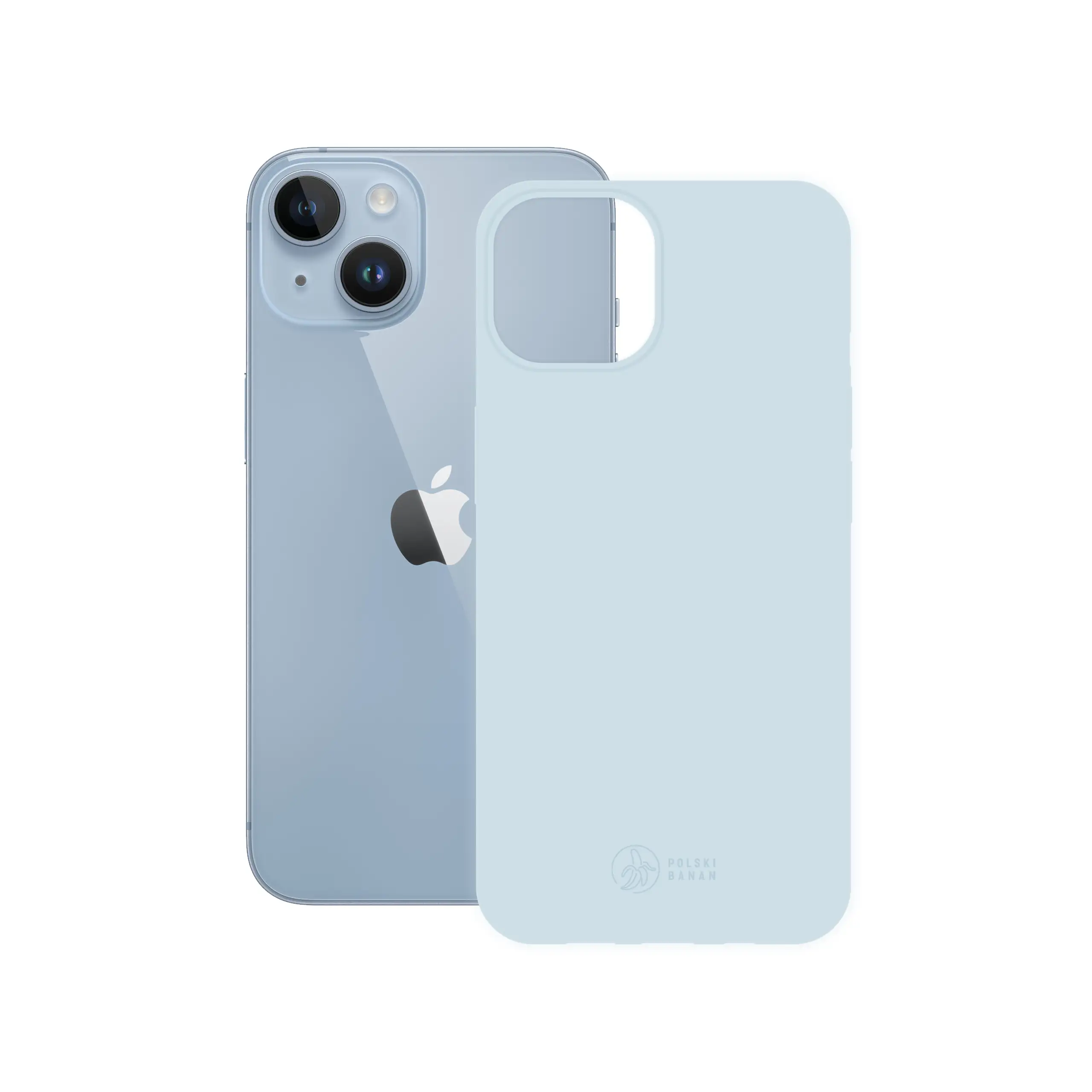 Etui silikonowe matowe błękitne Polski Banan obok telefonu Apple iPhone 14