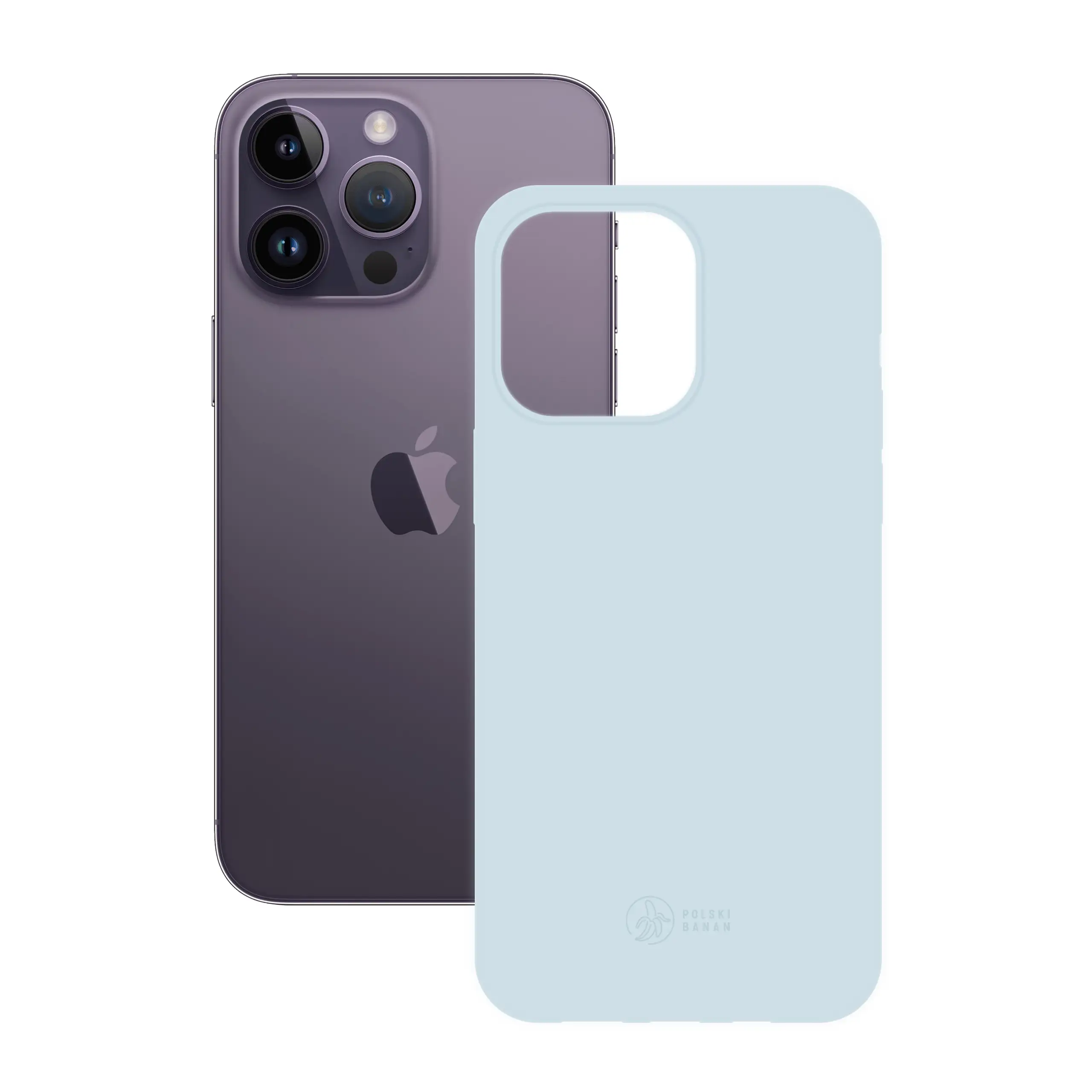 Etui silikonowe matowe błękitne Polski Banan obok telefonu Apple iPhone 14 Pro Max