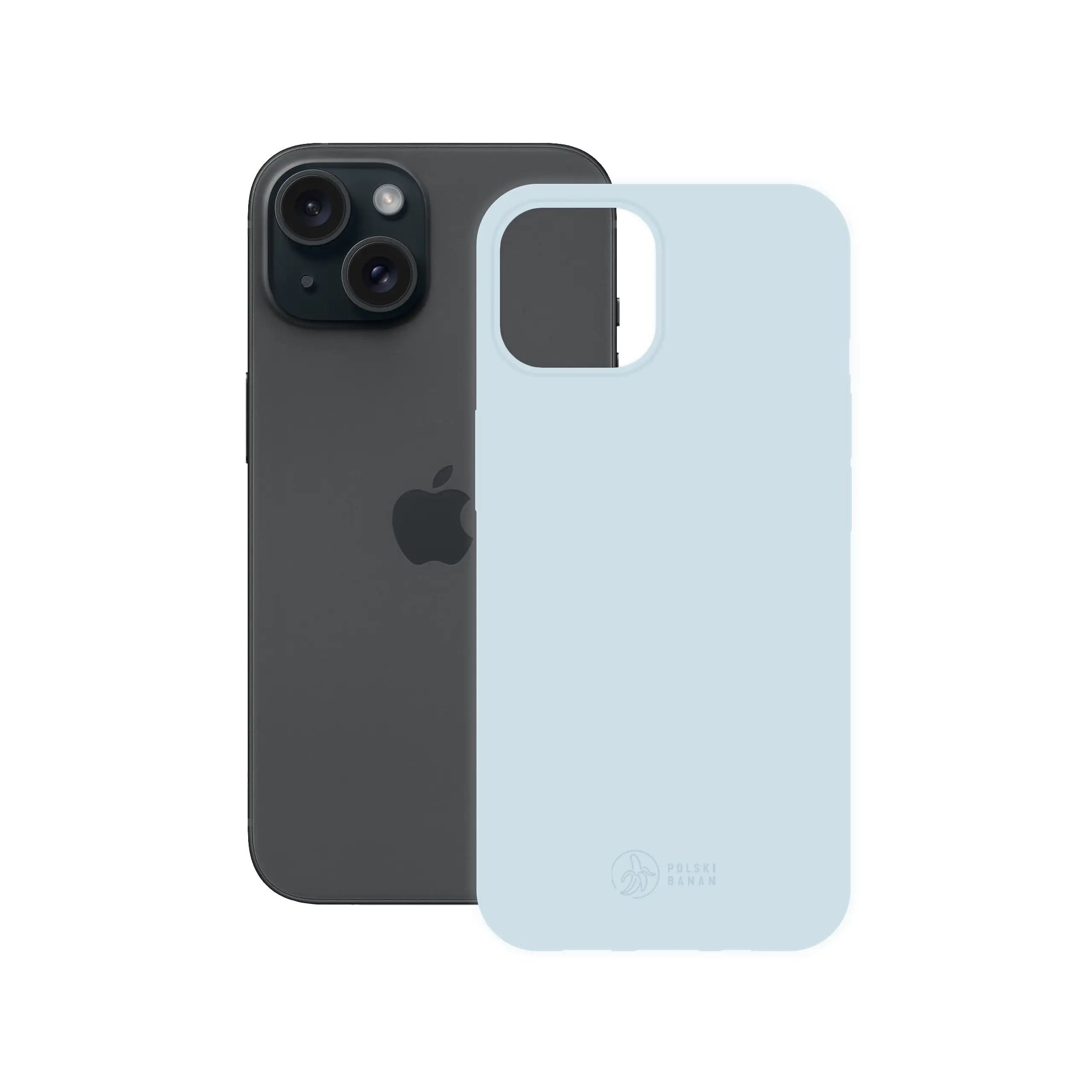 Etui silikonowe matowe błękitne Polski Banan obok telefonu Apple iPhone 15