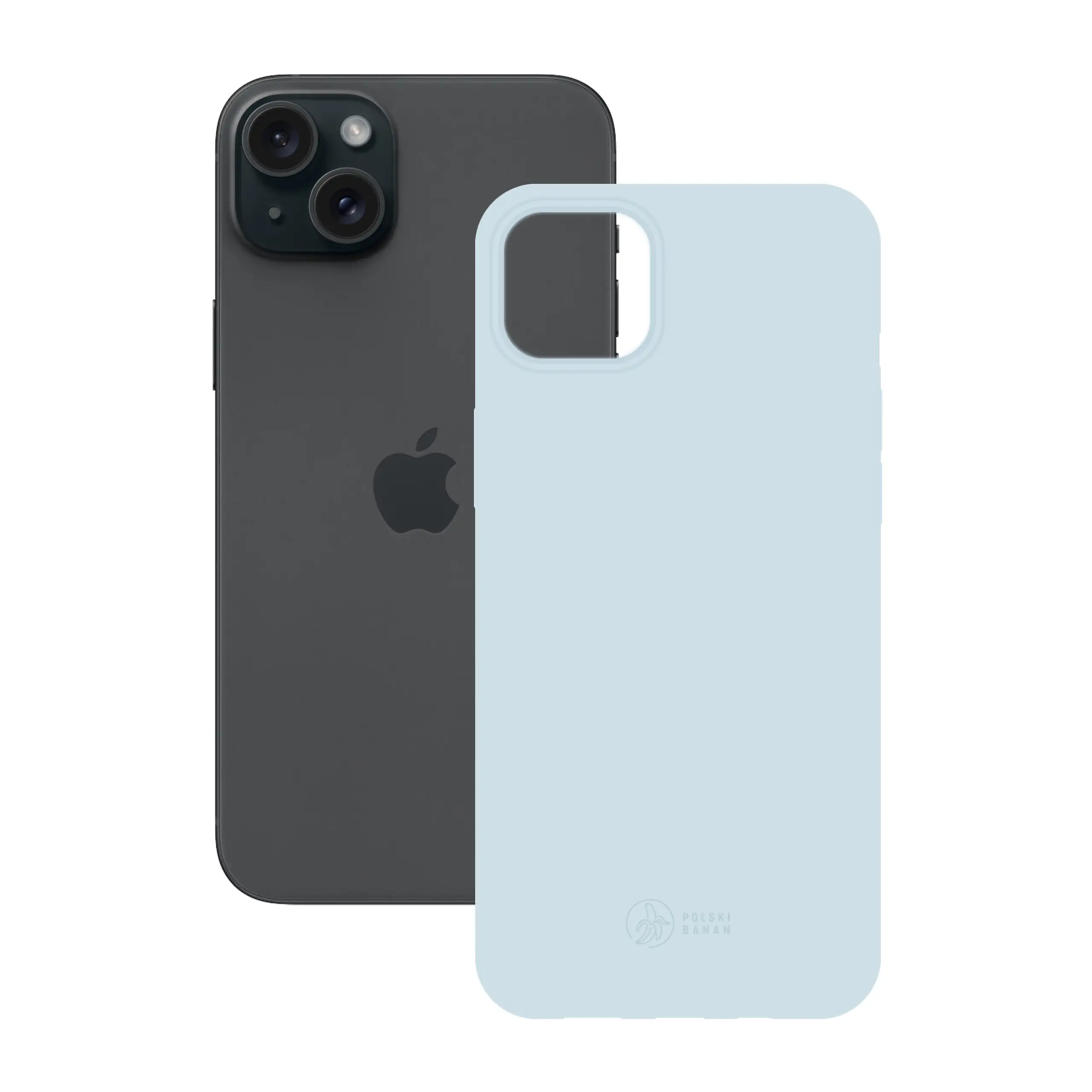 Etui silikonowe matowe błękitne Polski Banan obok telefonu Apple iPhone 15 Plus