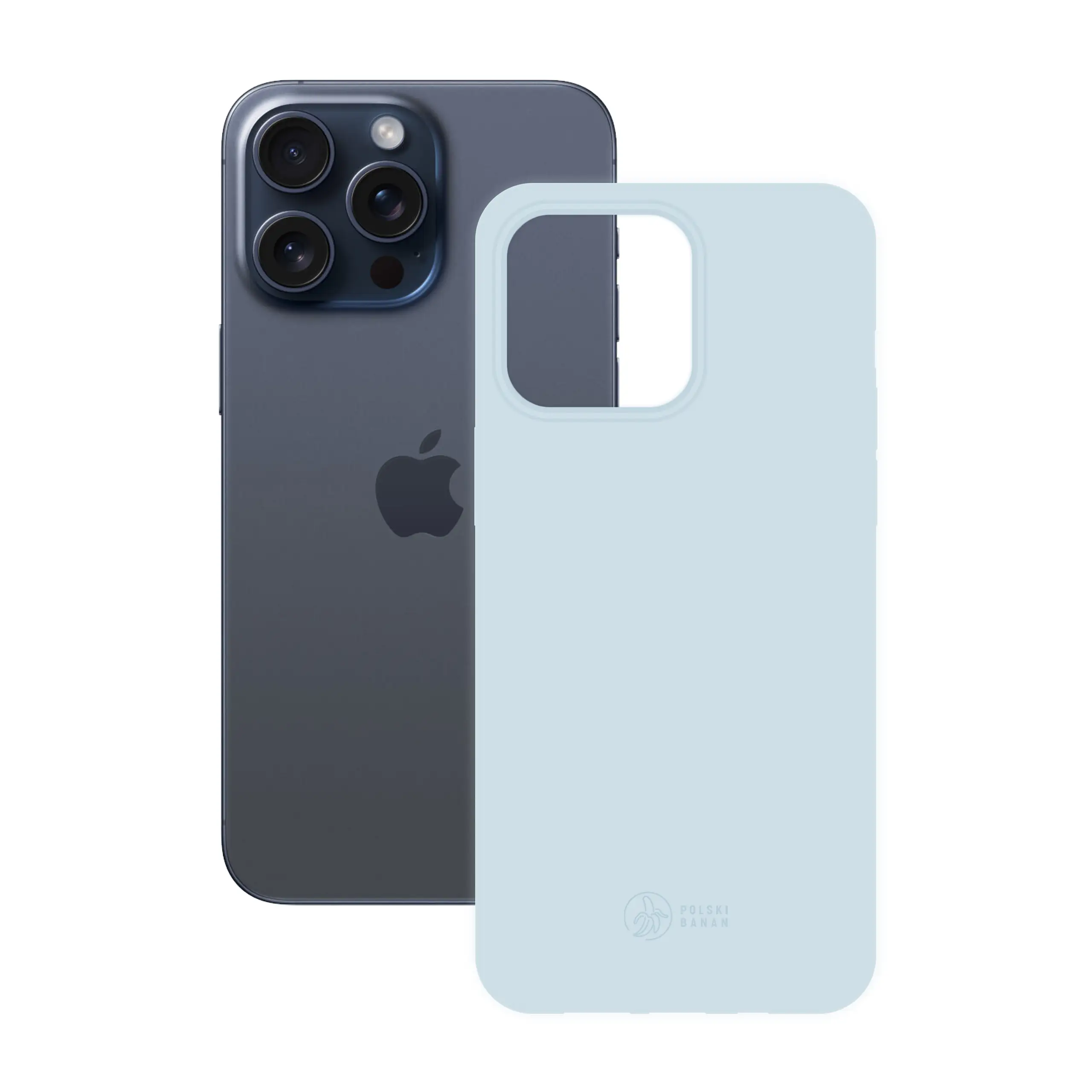 Etui silikonowe matowe błękitne Polski Banan obok telefonu Apple iPhone 15 Pro Max