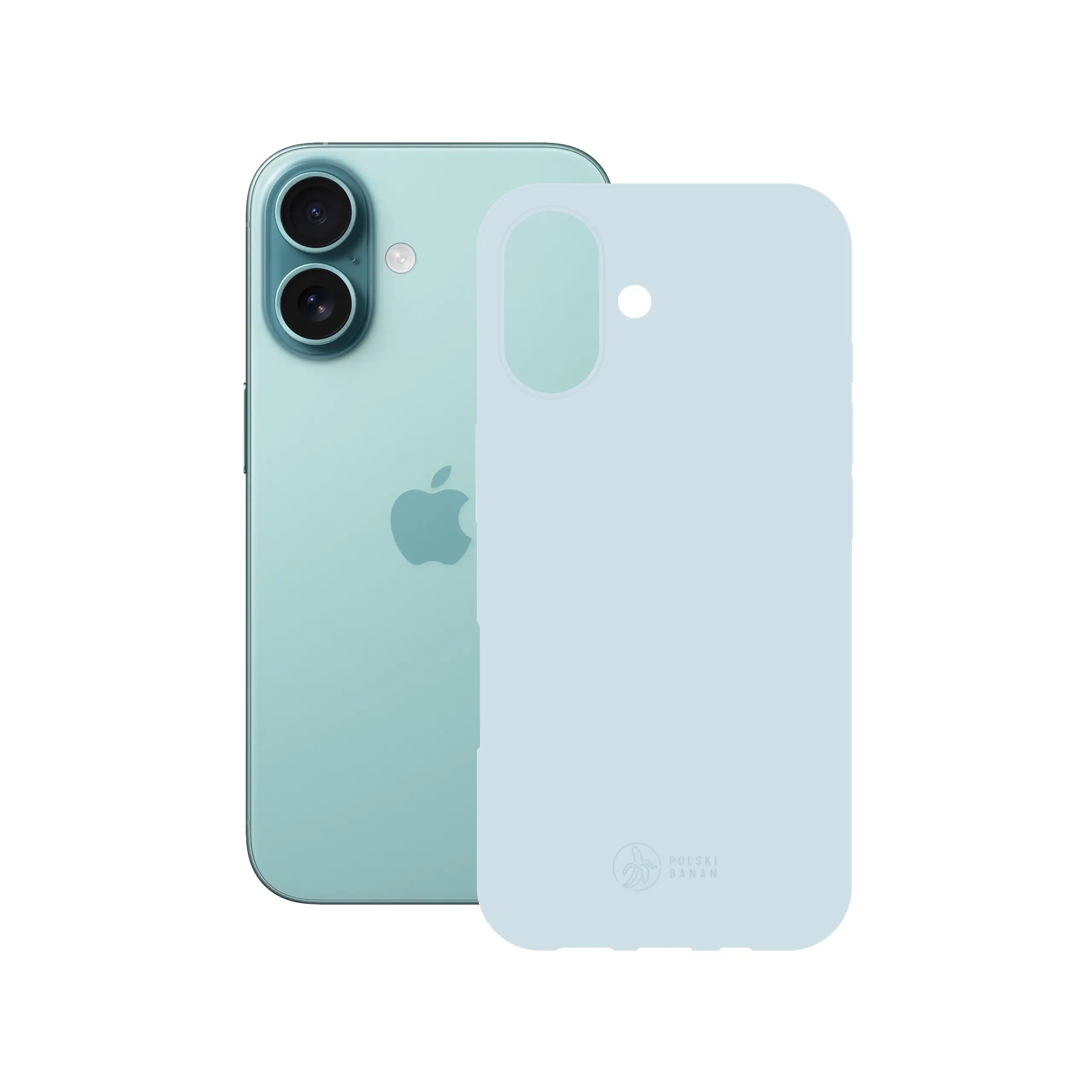 Etui silikonowe matowe błękitne Polski Banan obok telefonu Apple iPhone 16