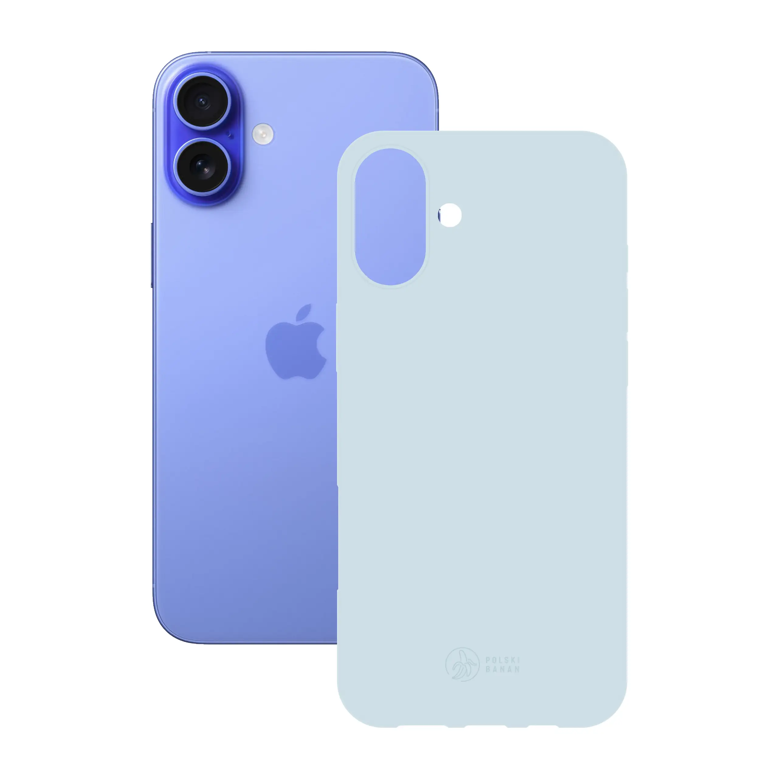 Etui silikonowe matowe błękitne Polski Banan obok telefonu Apple iPhone 16 Plus