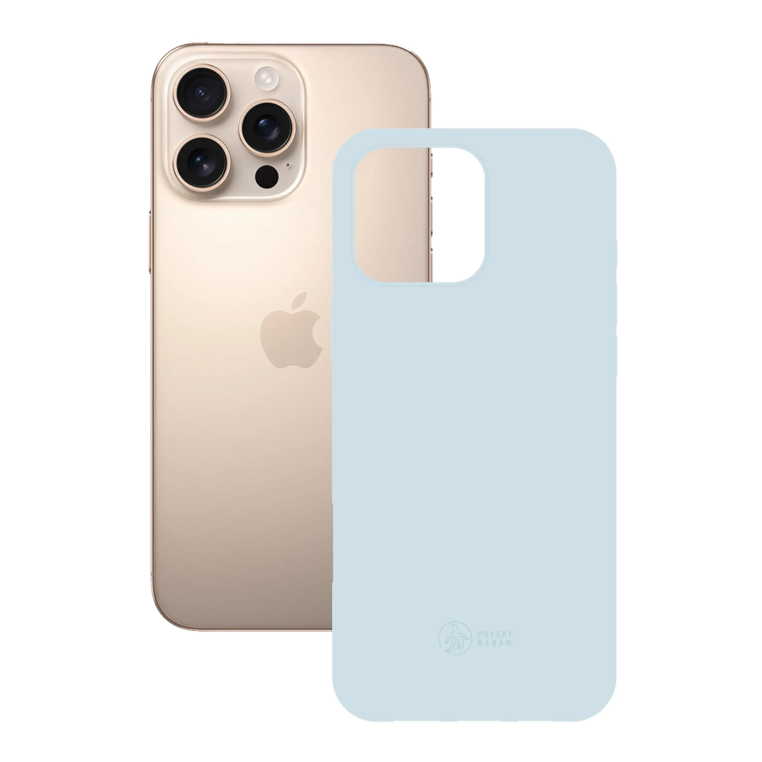 Etui silikonowe matowe błękitne Polski Banan obok telefonu Apple iPhone 16 Pro Max