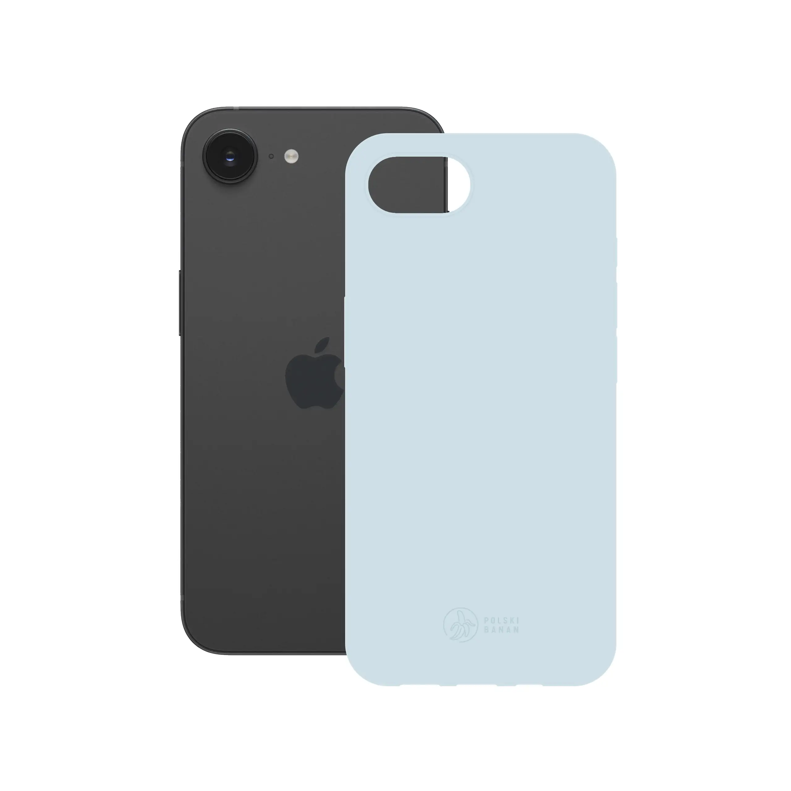 Etui silikonowe matowe błękitne Polski Banan obok telefonu Apple iPhone 16e
