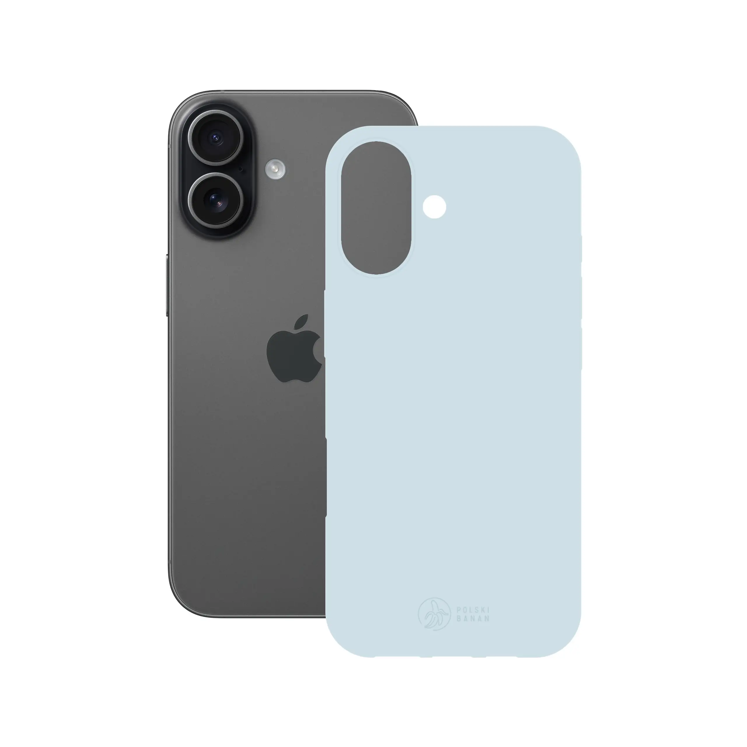 Etui silikonowe matowe błękitne Polski Banan obok telefonu Apple iPhone 17