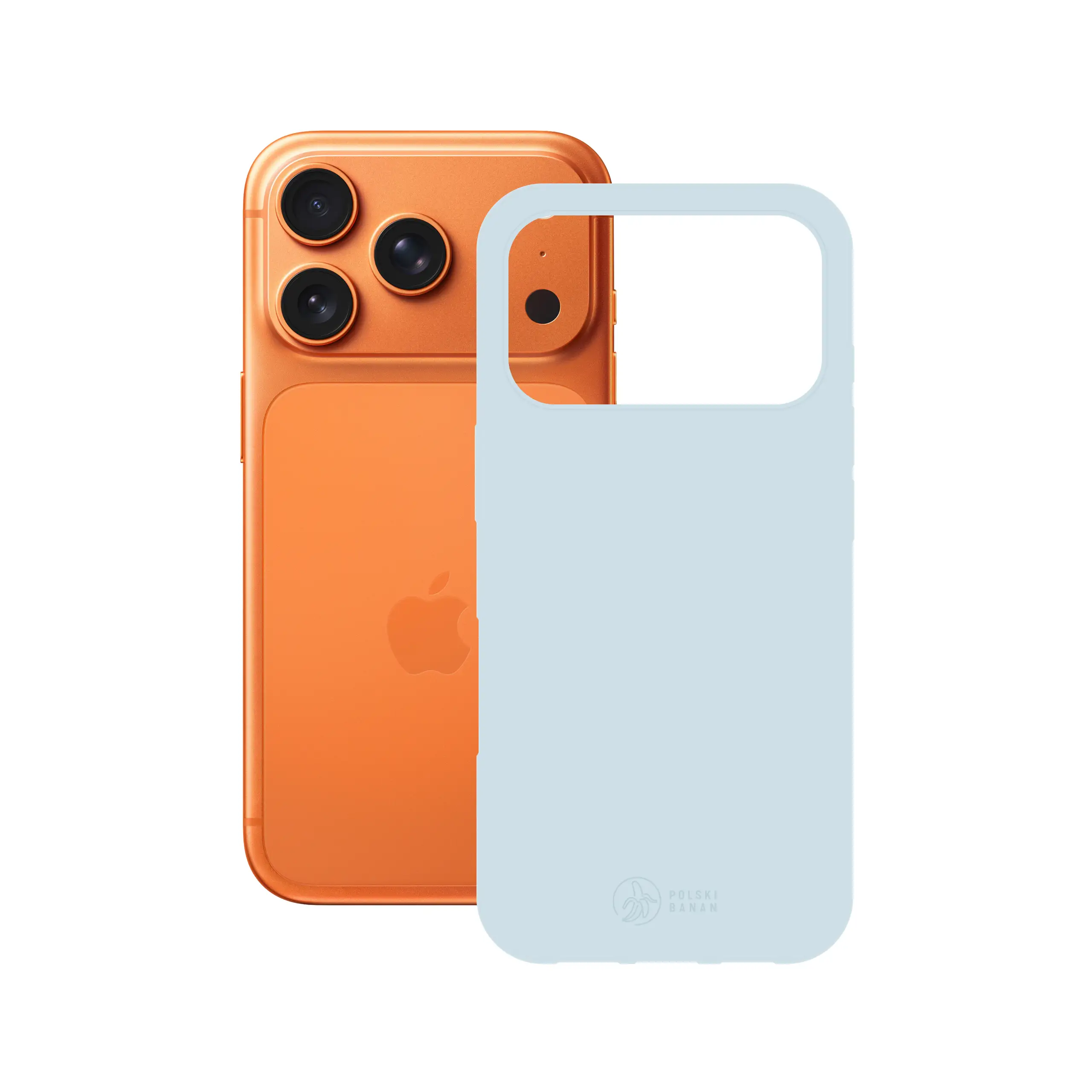 Etui silikonowe matowe błękitne Polski Banan obok telefonu Apple iPhone 17 Pro