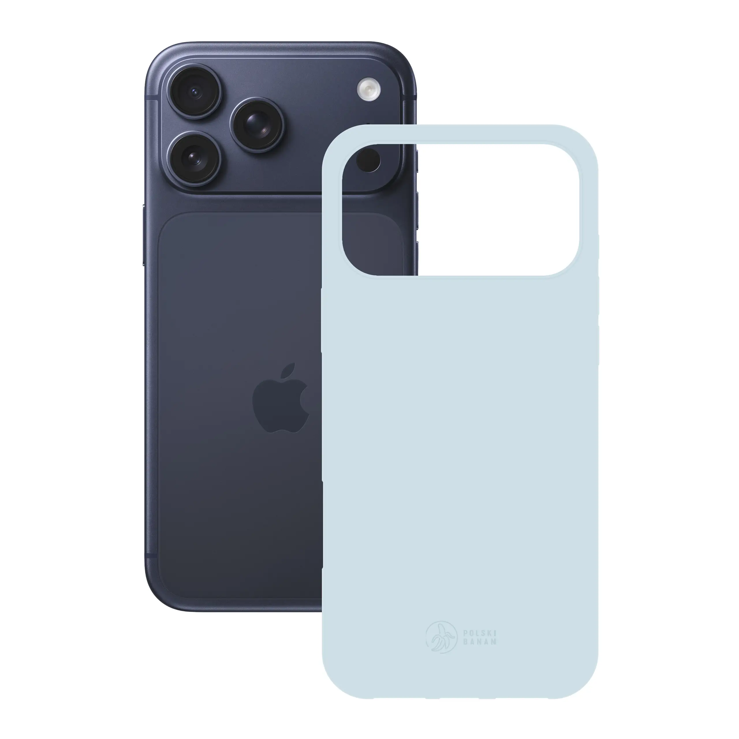 Etui silikonowe matowe błękitne Polski Banan obok telefonu Apple iPhone 17 Pro Max