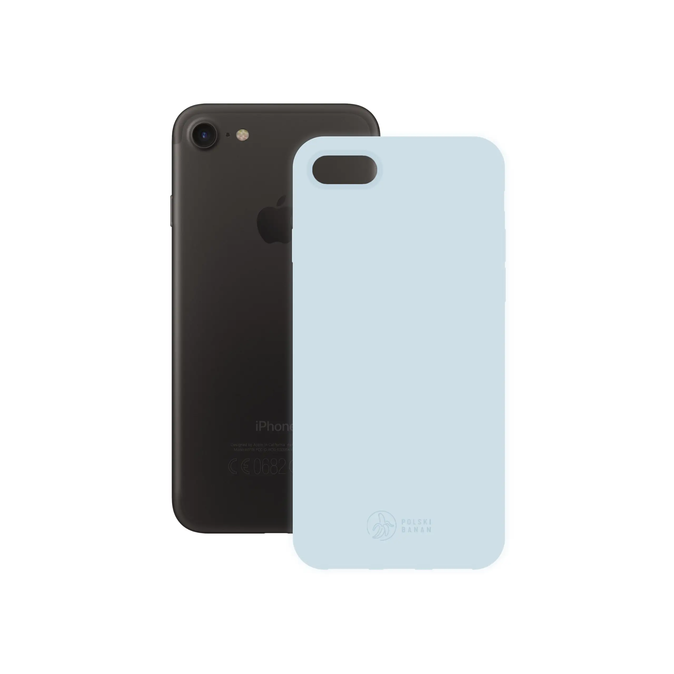 Etui silikonowe matowe błękitne Polski Banan obok telefonu Apple iPhone 7 / 8 / SE 2020 / SE 2022