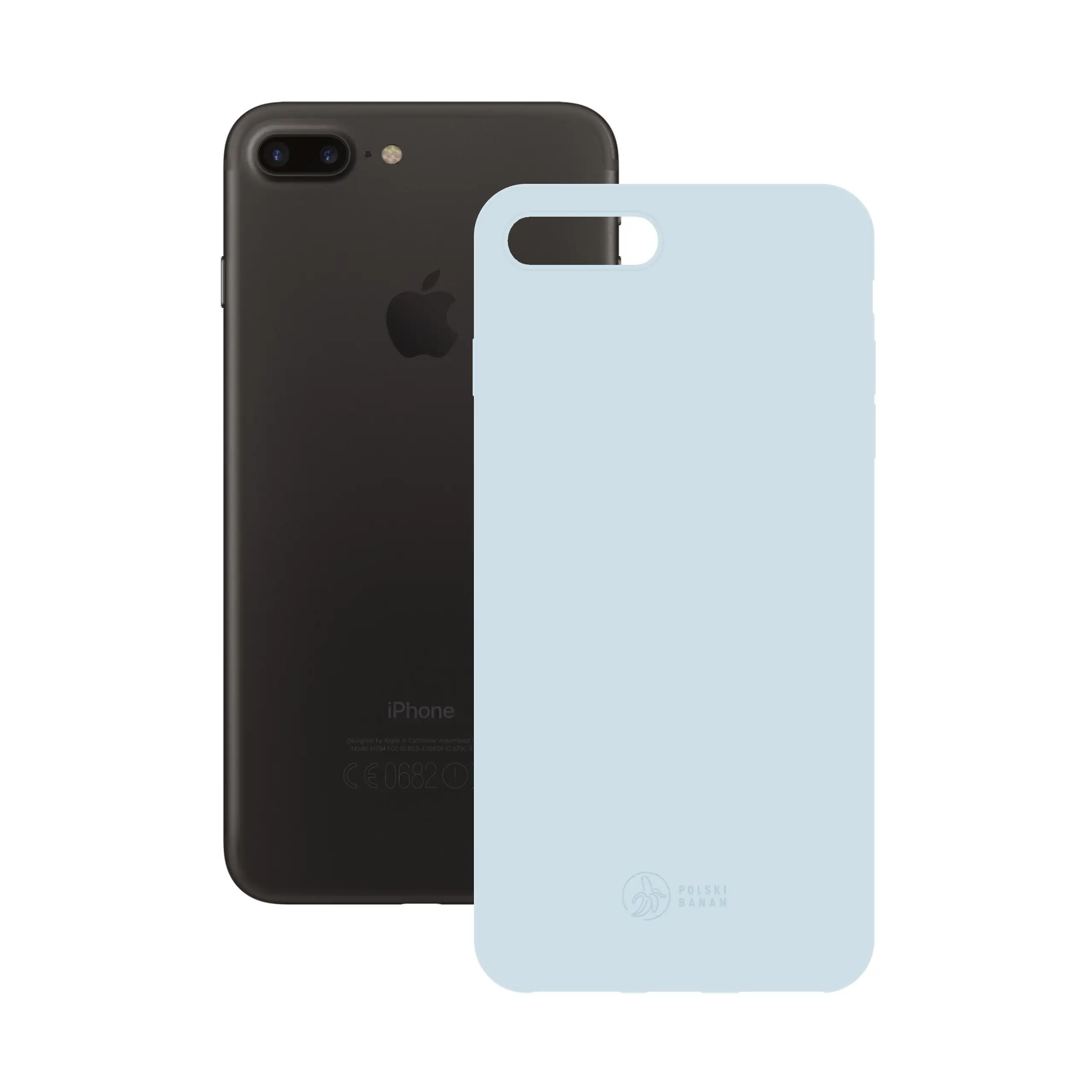 Etui silikonowe matowe błękitne Polski Banan obok telefonu Apple iPhone 7 PLUS / 8 PLUS