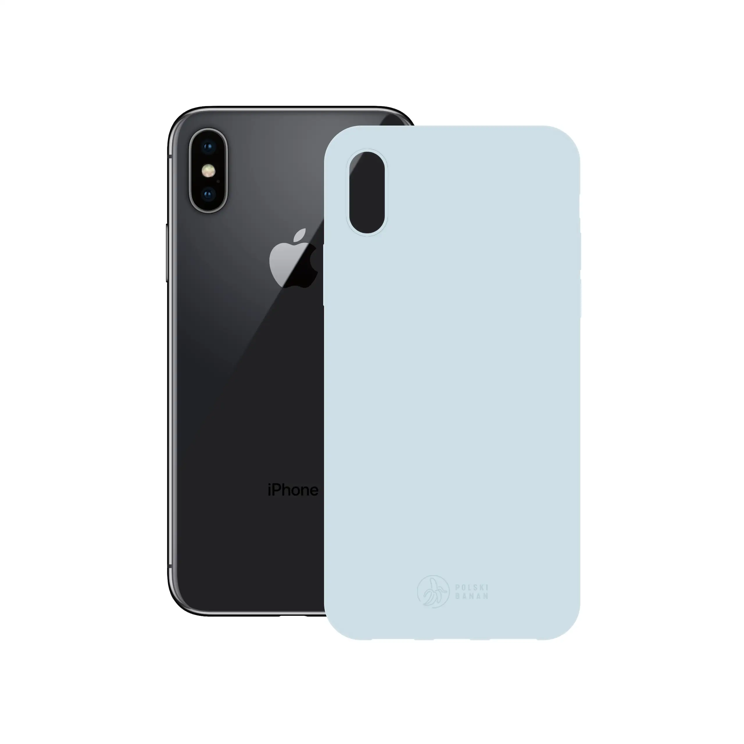 Etui silikonowe matowe błękitne Polski Banan obok telefonu Apple iPhone X / Xs