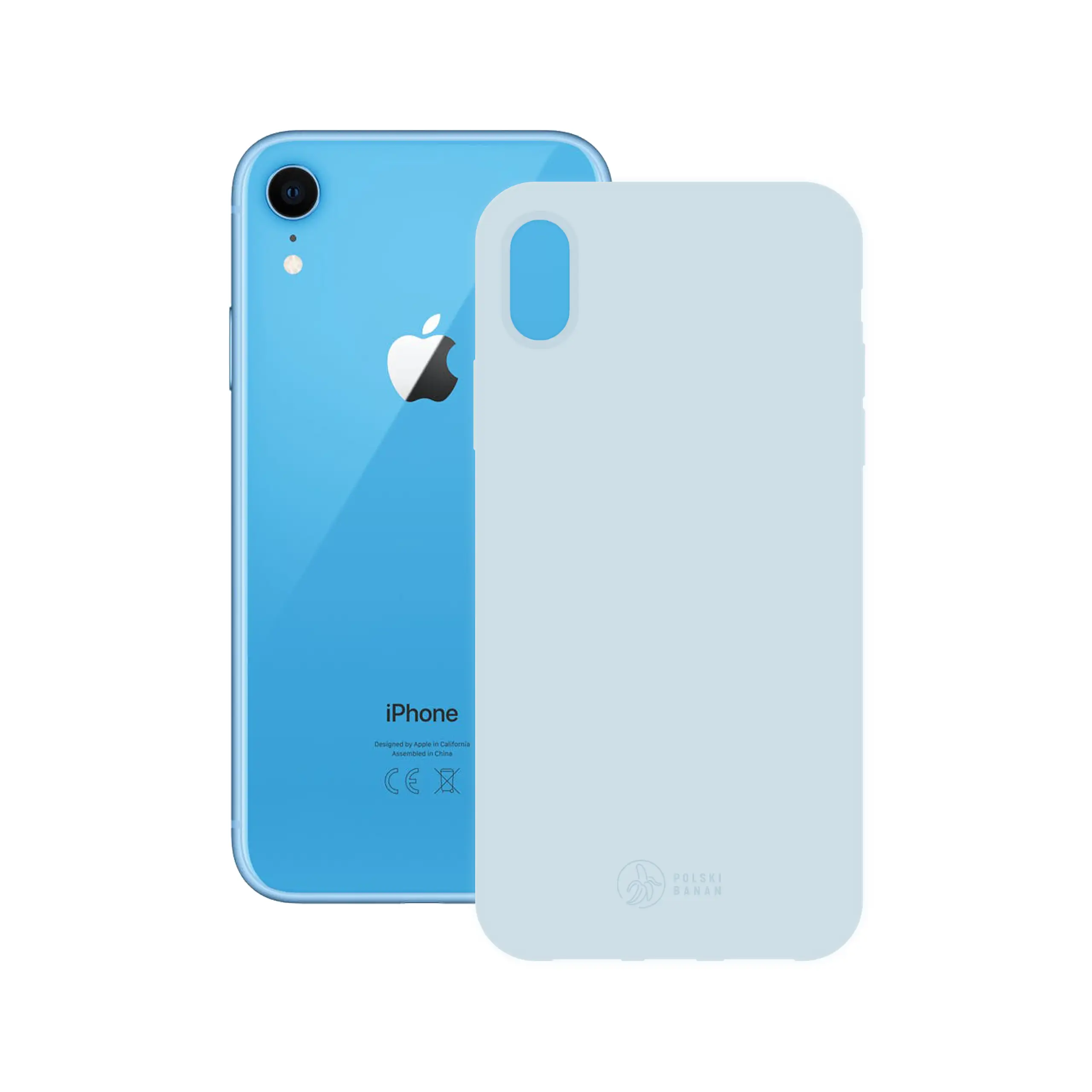 Etui silikonowe matowe błękitne Polski Banan obok telefonu Apple iPhone Xr