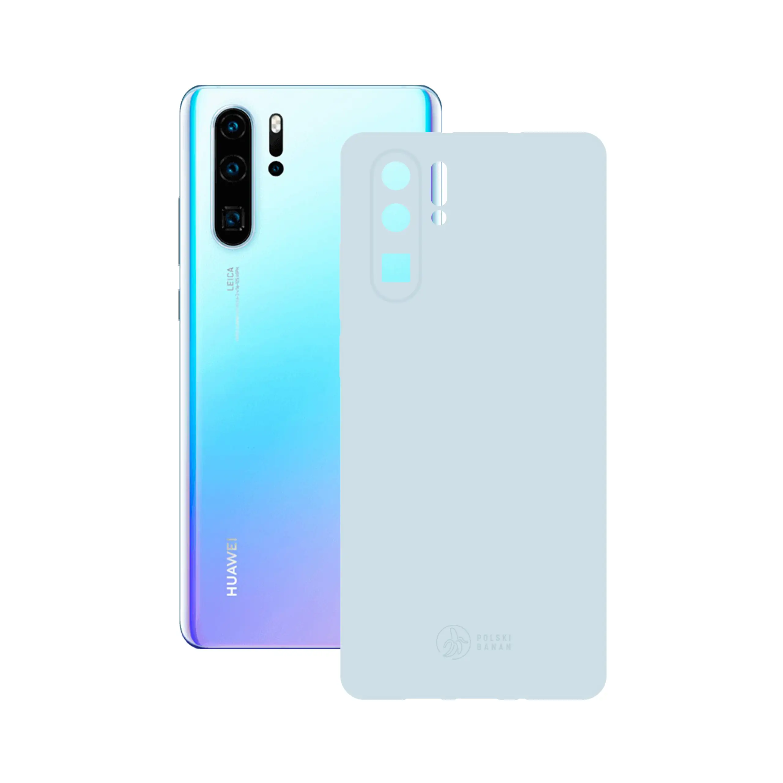 Etui silikonowe matowe błękitne Polski Banan obok telefonu Huawei P30 Pro
