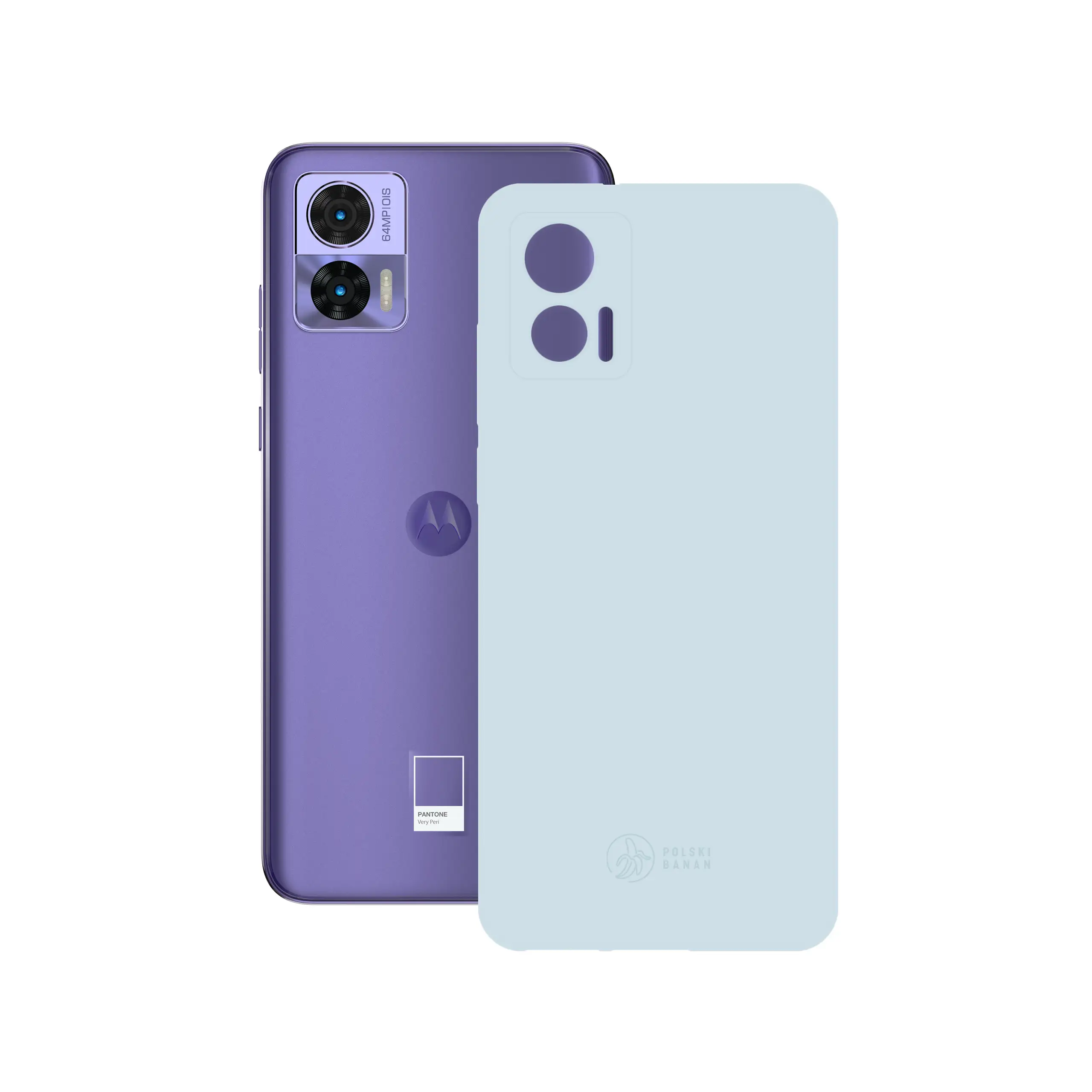 Etui silikonowe matowe błękitne Polski Banan obok telefonu Motorola Edge 30 Neo