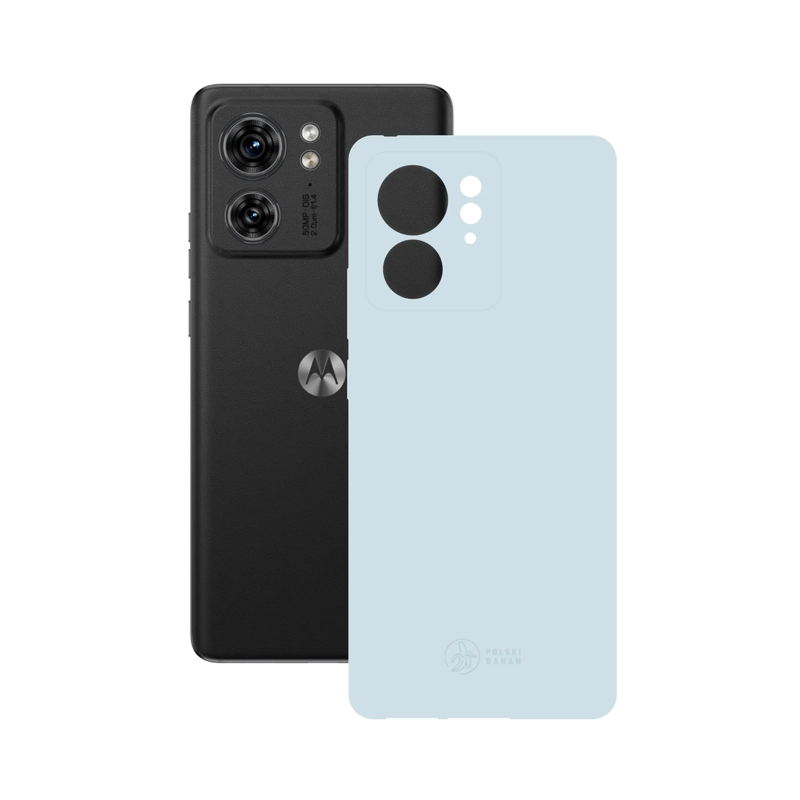Etui silikonowe matowe błękitne Polski Banan obok telefonu Motorola Edge 40