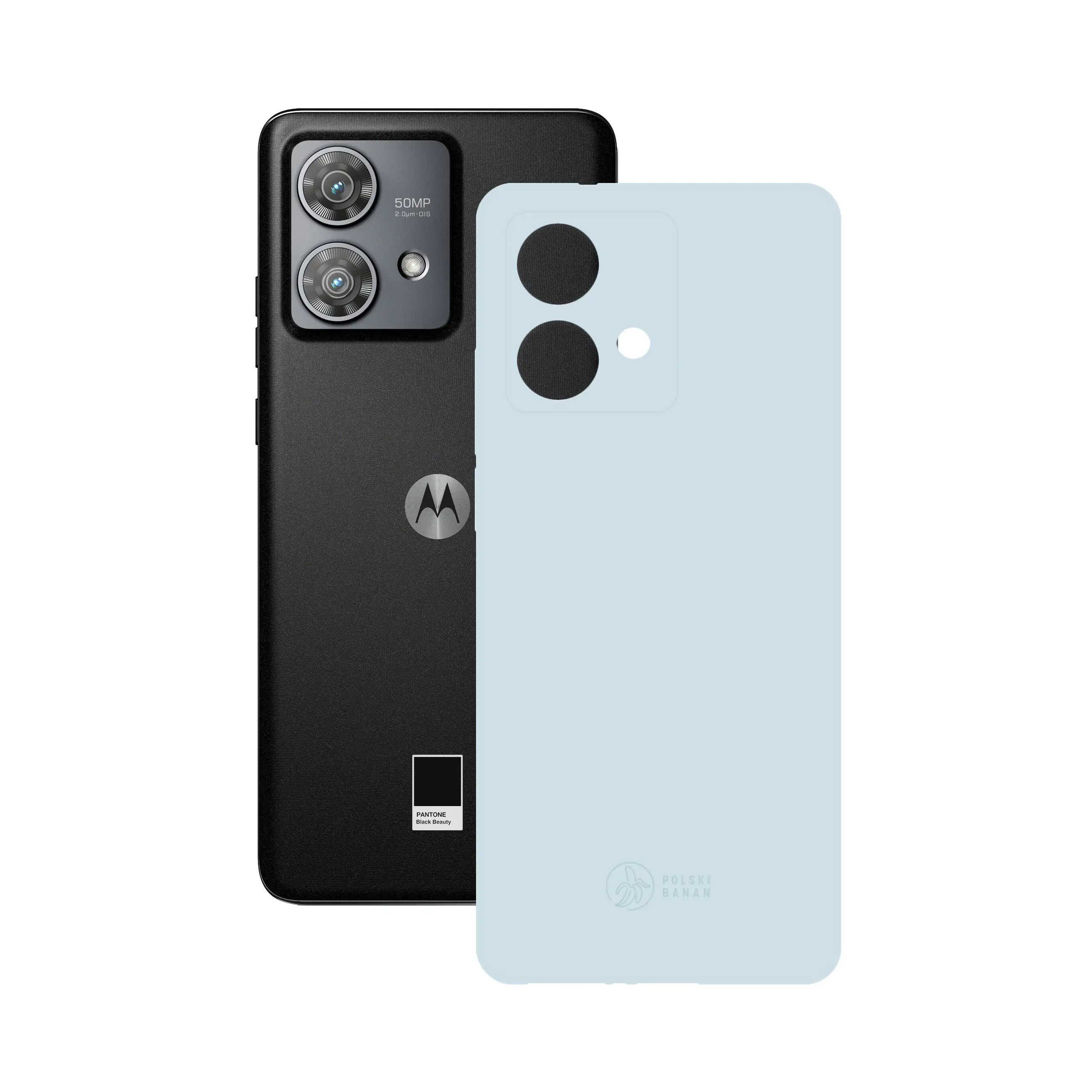 Etui silikonowe matowe błękitne Polski Banan obok telefonu Motorola Edge 40 Neo