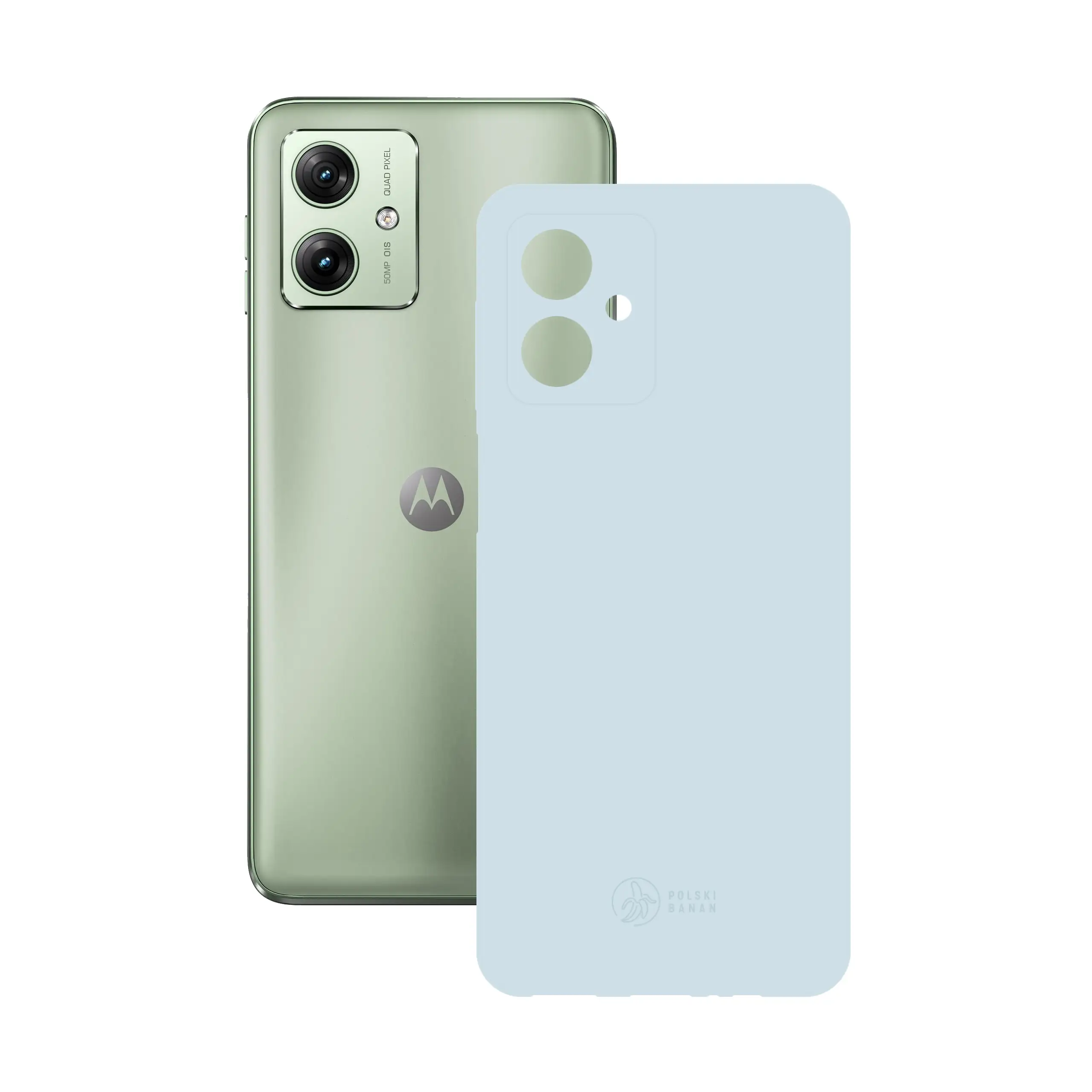 Etui silikonowe matowe błękitne Polski Banan obok telefonu Motorola Moto G54 5G / G54 Power Edition