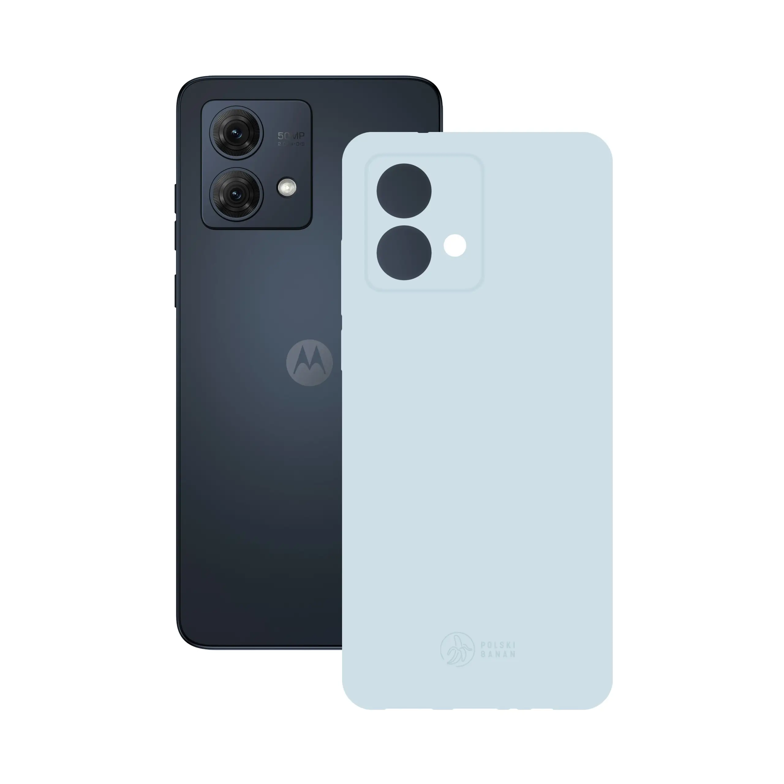 Etui silikonowe matowe błękitne Polski Banan obok telefonu Motorola Moto G84 5G