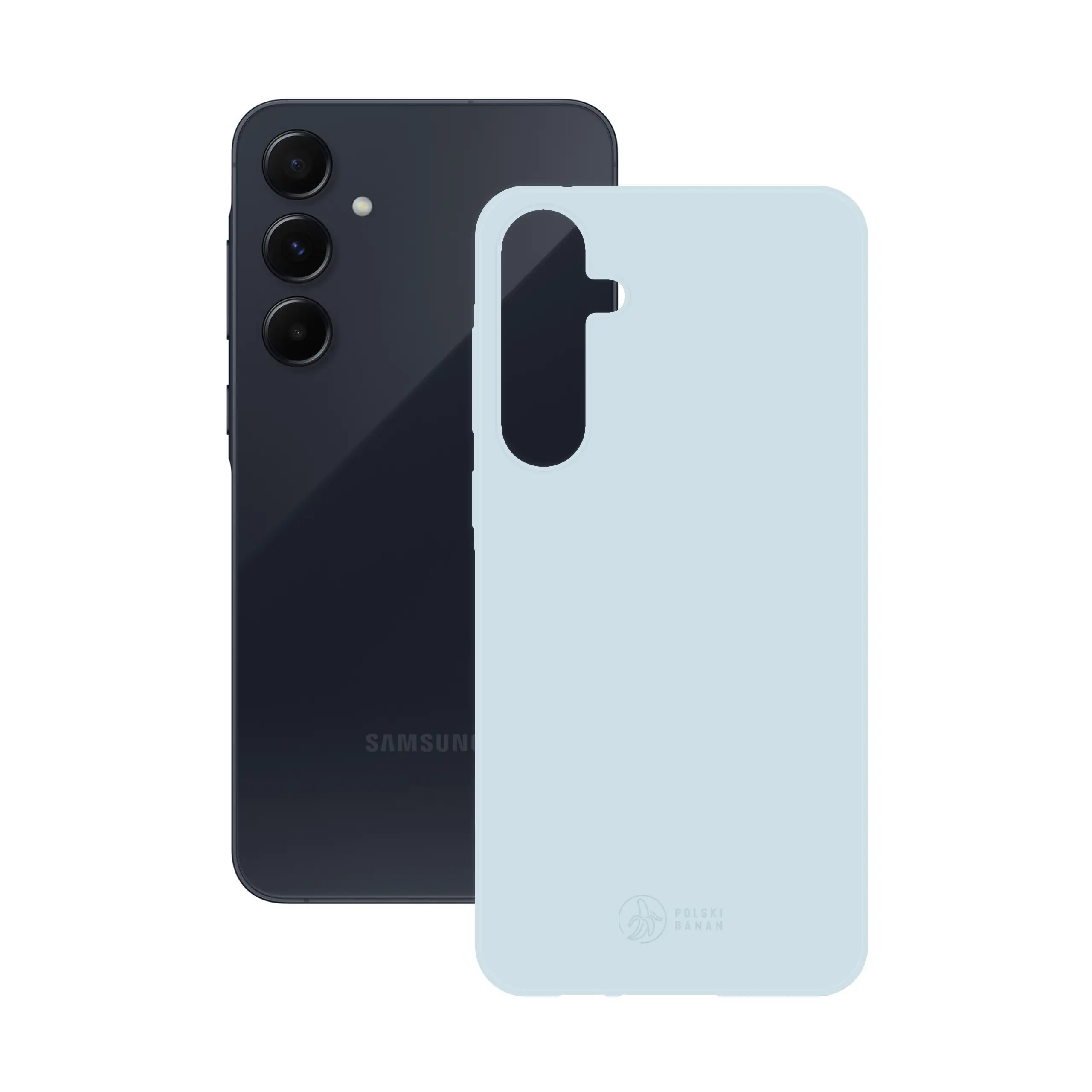 Etui silikonowe matowe błękitne Polski Banan obok telefonu Samsung Galaxy A55 5G