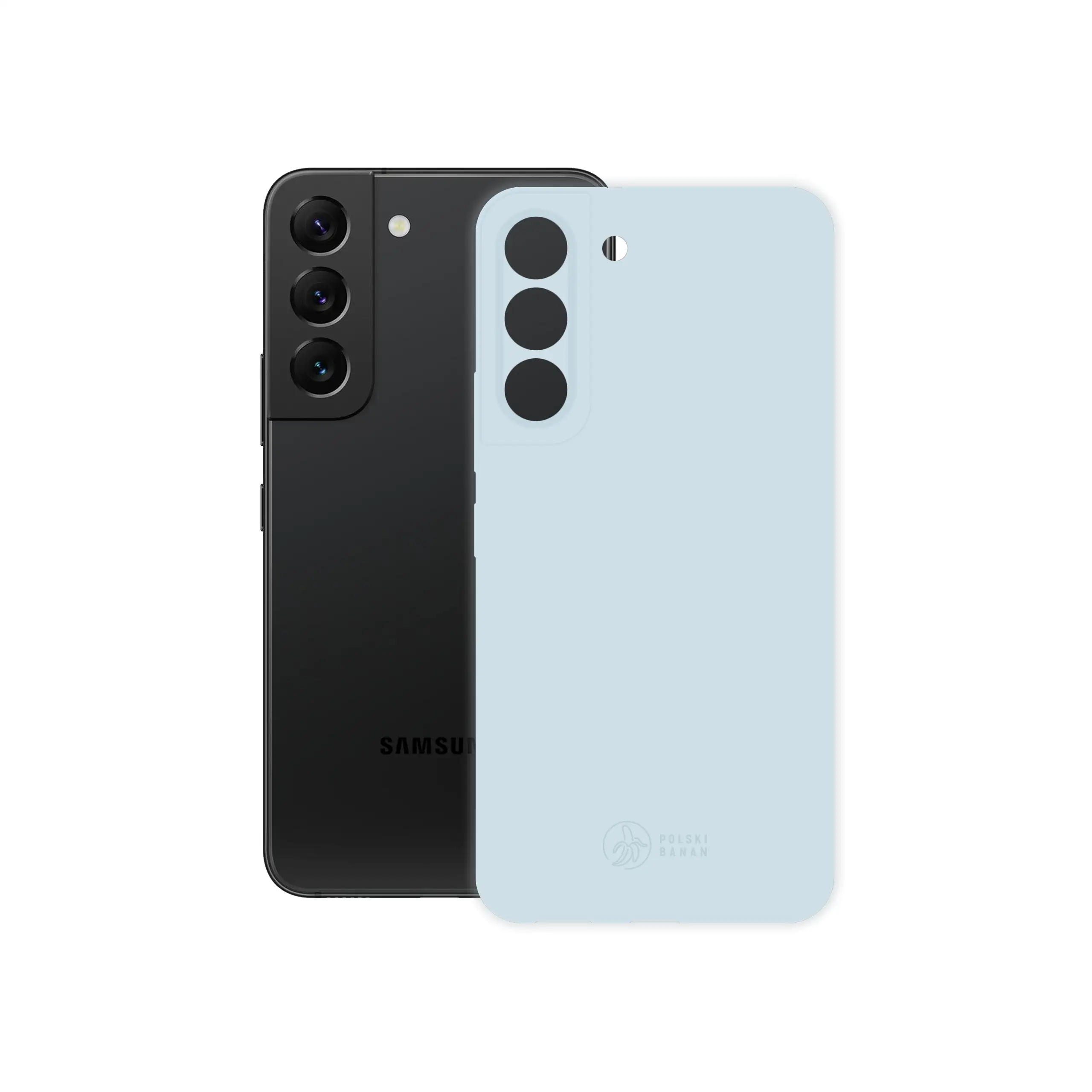 Etui silikonowe matowe błękitne Polski Banan obok telefonu Samsung Galaxy S22