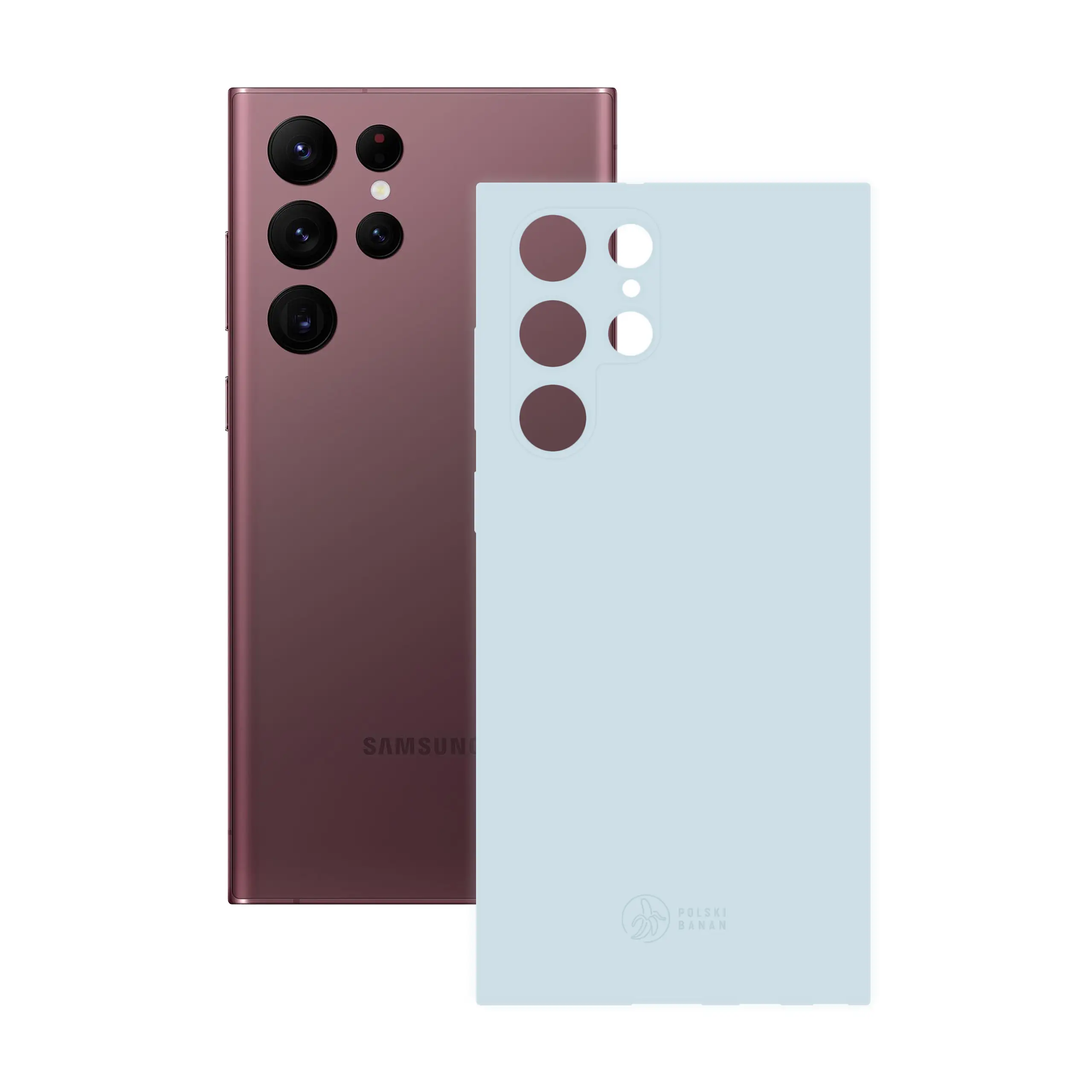Etui silikonowe matowe błękitne Polski Banan obok telefonu Samsung Galaxy S22 Ultra