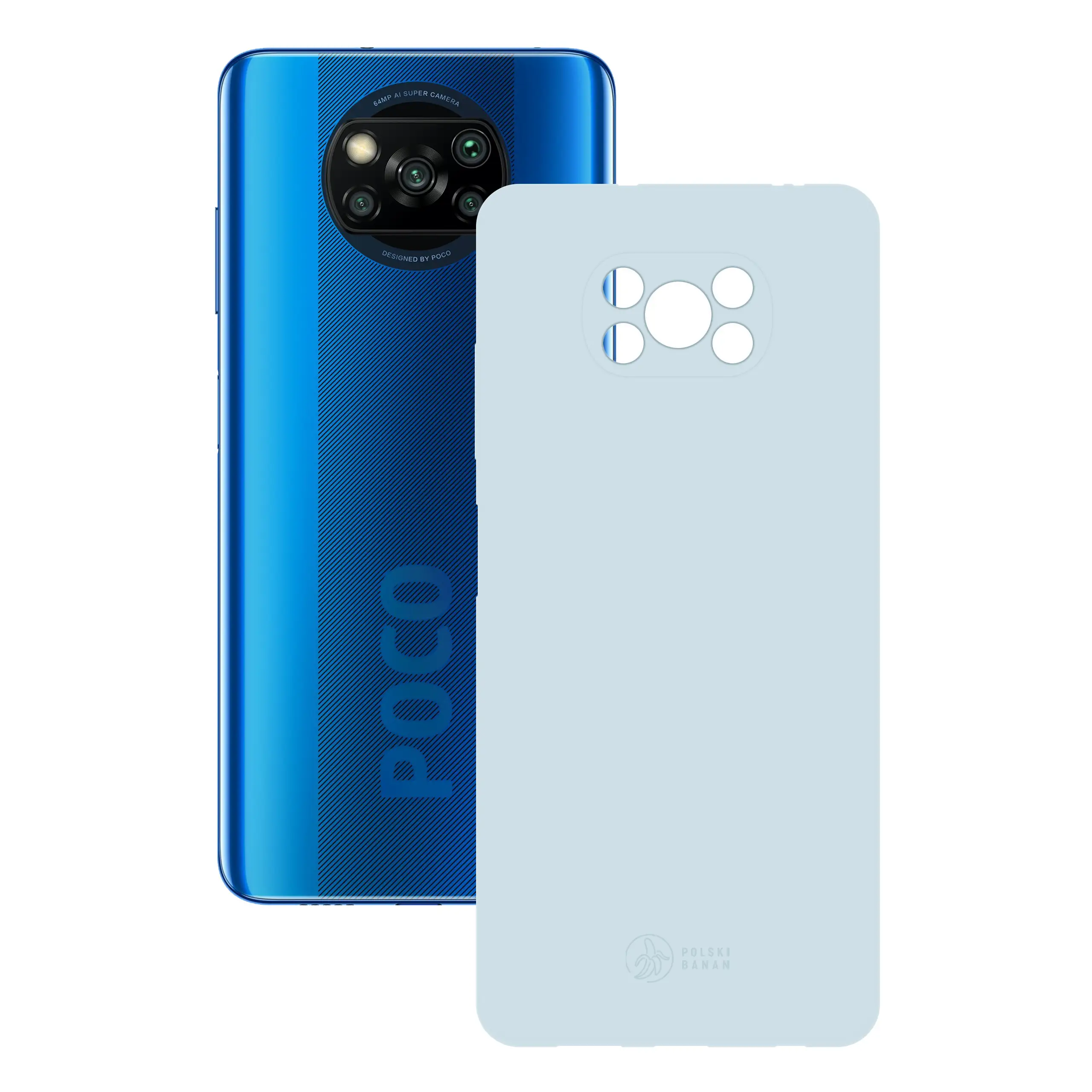 Etui silikonowe matowe błękitne Polski Banan obok telefonu Xiaomi POCO X3 NFC / X3 Pro