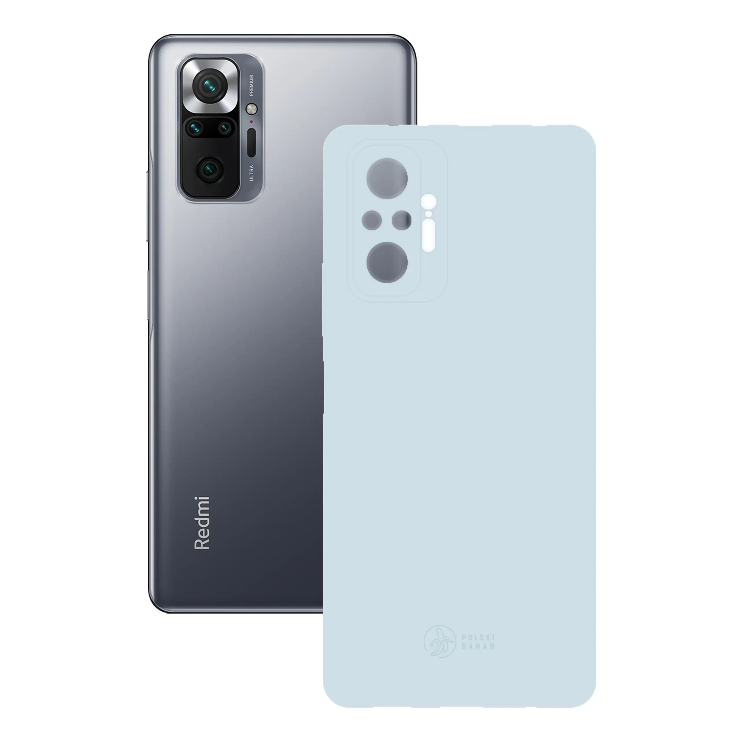Etui silikonowe matowe błękitne Polski Banan obok telefonu Xiaomi Redmi Note 10 Pro