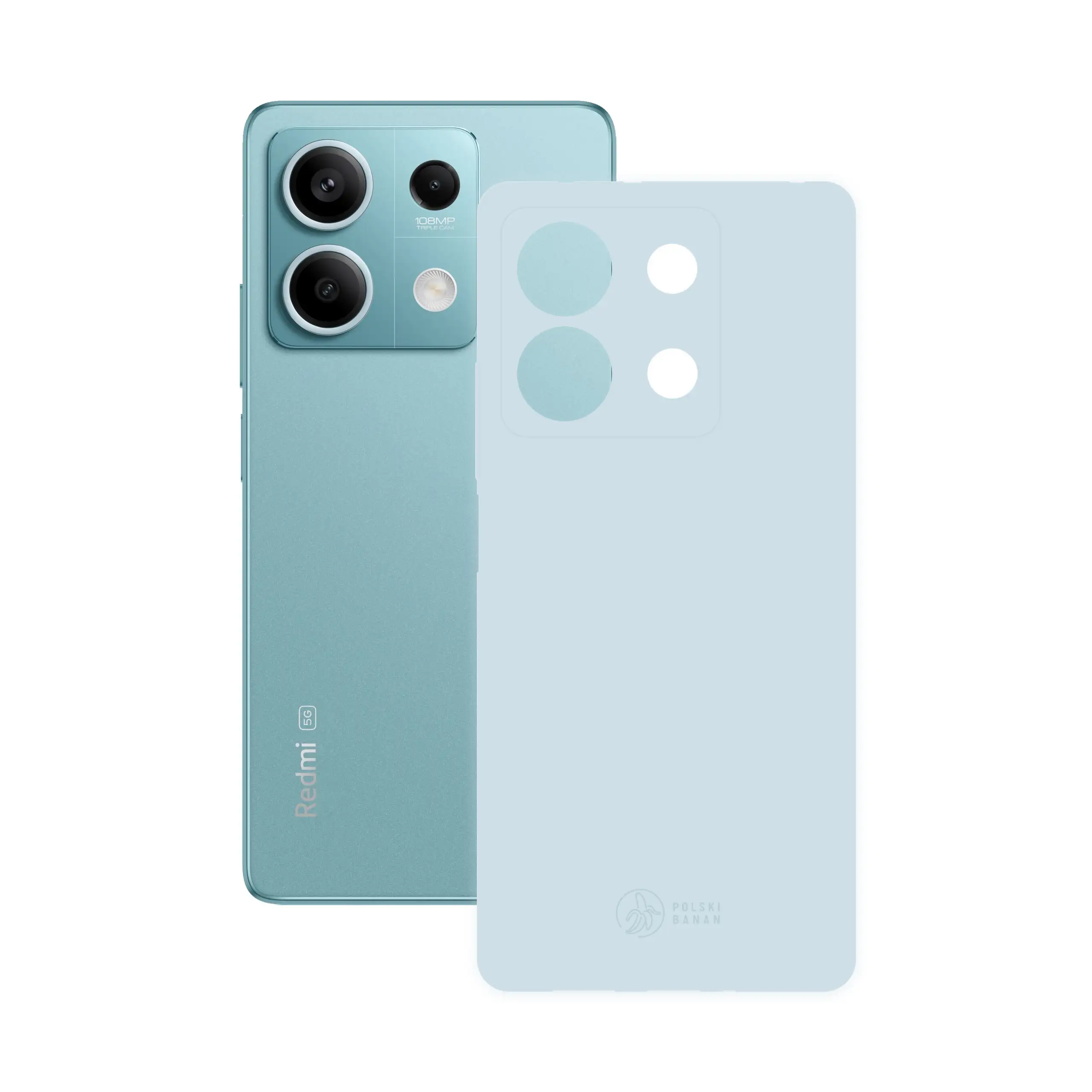 Etui silikonowe matowe błękitne Polski Banan obok telefonu Xiaomi Redmi Note 13 5G