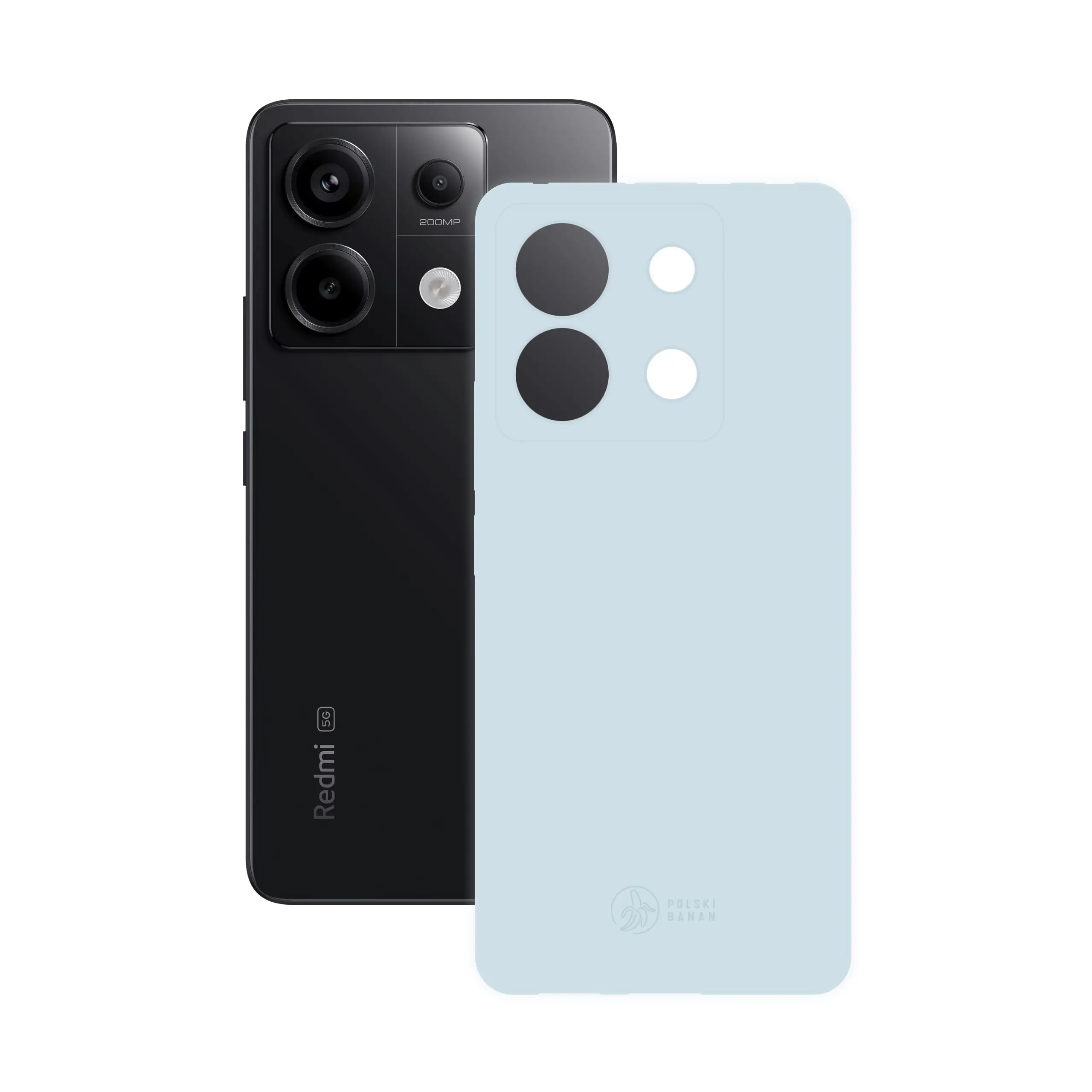 Etui silikonowe matowe błękitne Polski Banan obok telefonu Xiaomi Redmi Note 13 Pro 5G