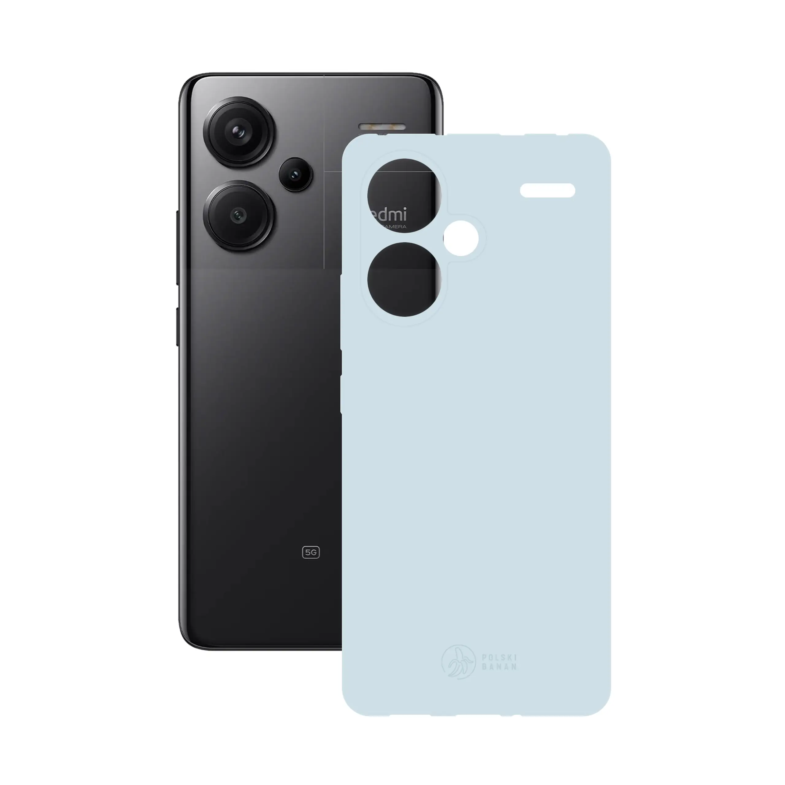 Etui silikonowe matowe błękitne Polski Banan obok telefonu Xiaomi Redmi Note 13 Pro Plus