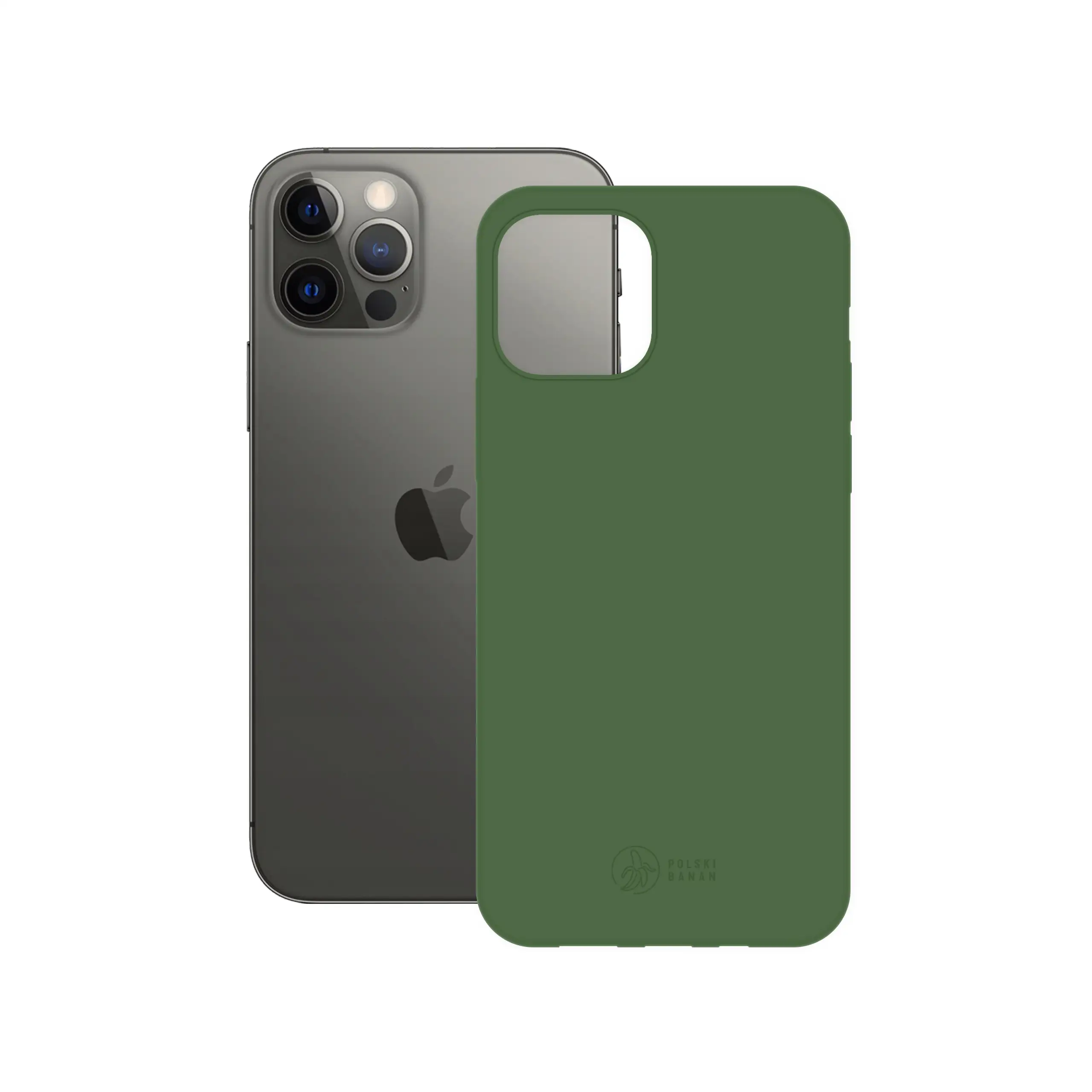 Etui silikonowe matowe butelkowe Polski Banan obok telefonu Apple iPhone 12 / 12 Pro