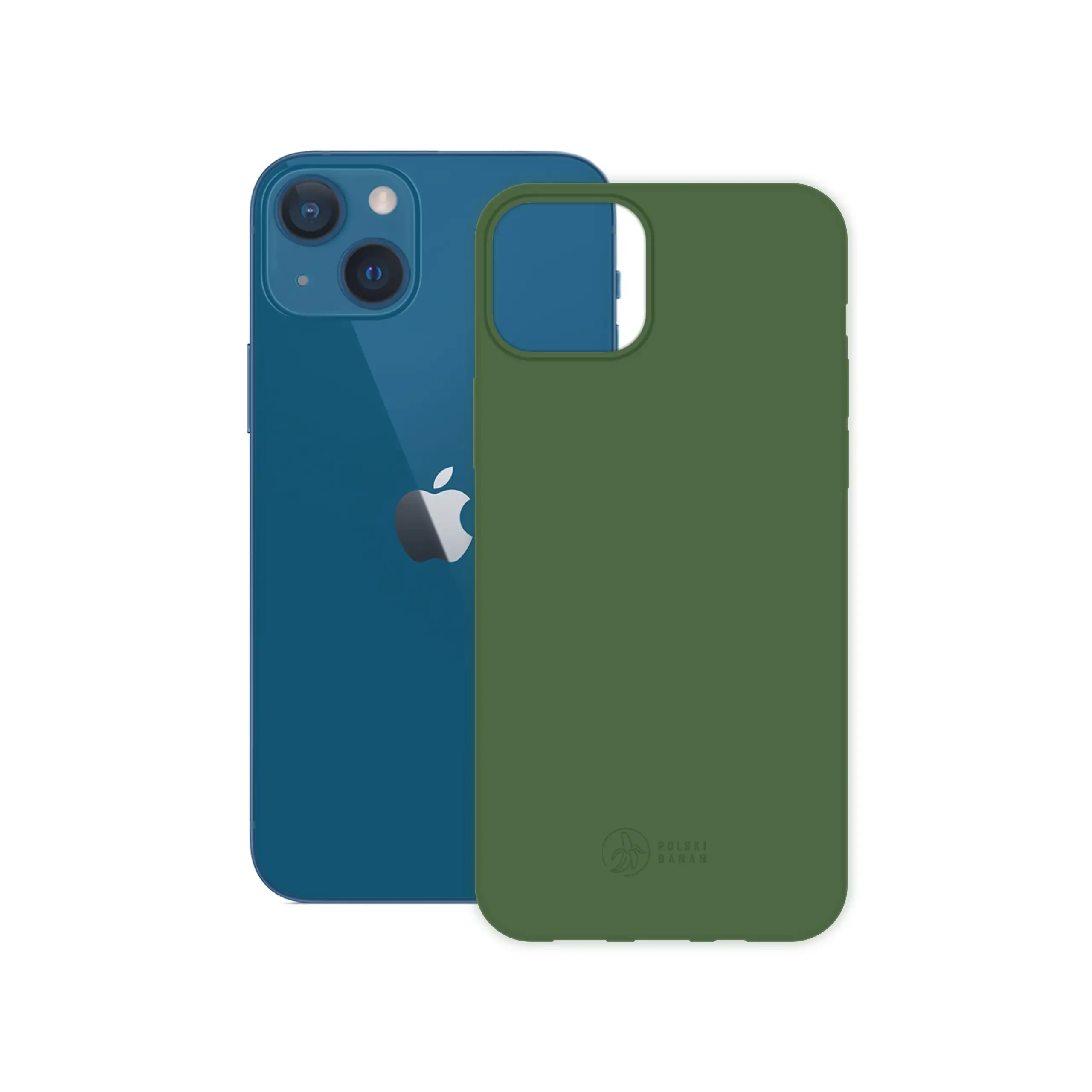 Etui silikonowe matowe butelkowe Polski Banan obok telefonu Apple iPhone 13