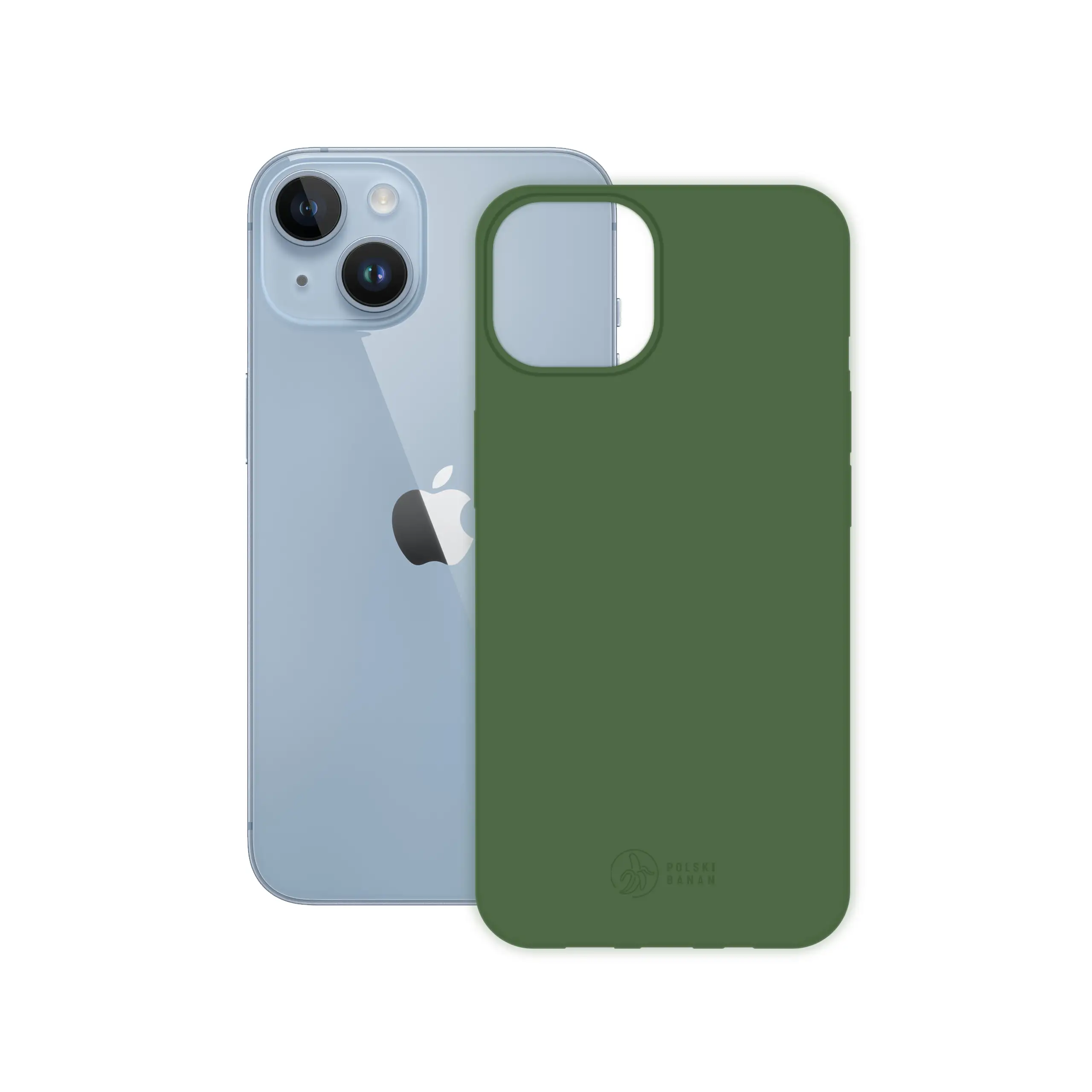 Etui silikonowe matowe butelkowe Polski Banan obok telefonu Apple iPhone 14