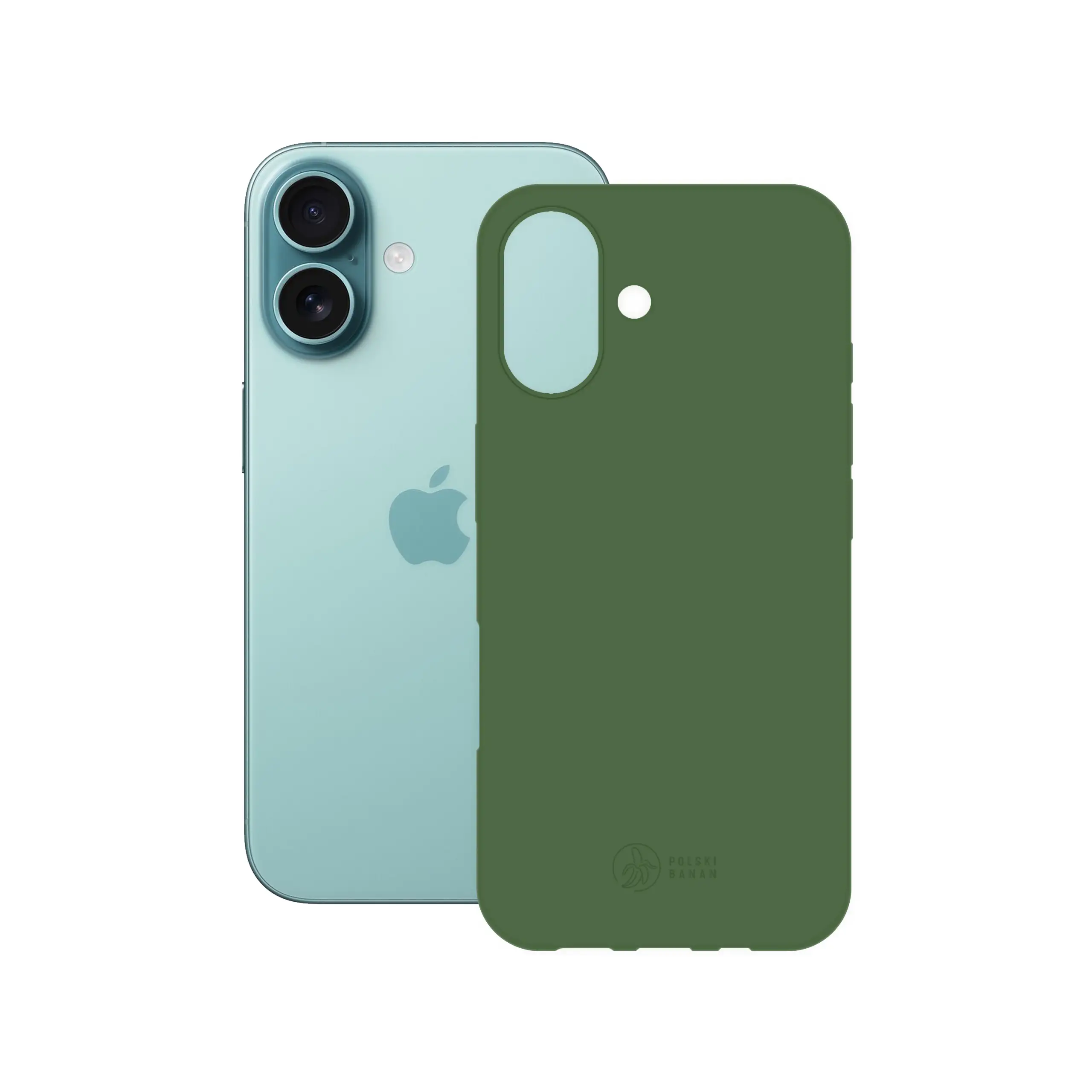Etui silikonowe matowe butelkowe Polski Banan obok telefonu Apple iPhone 16