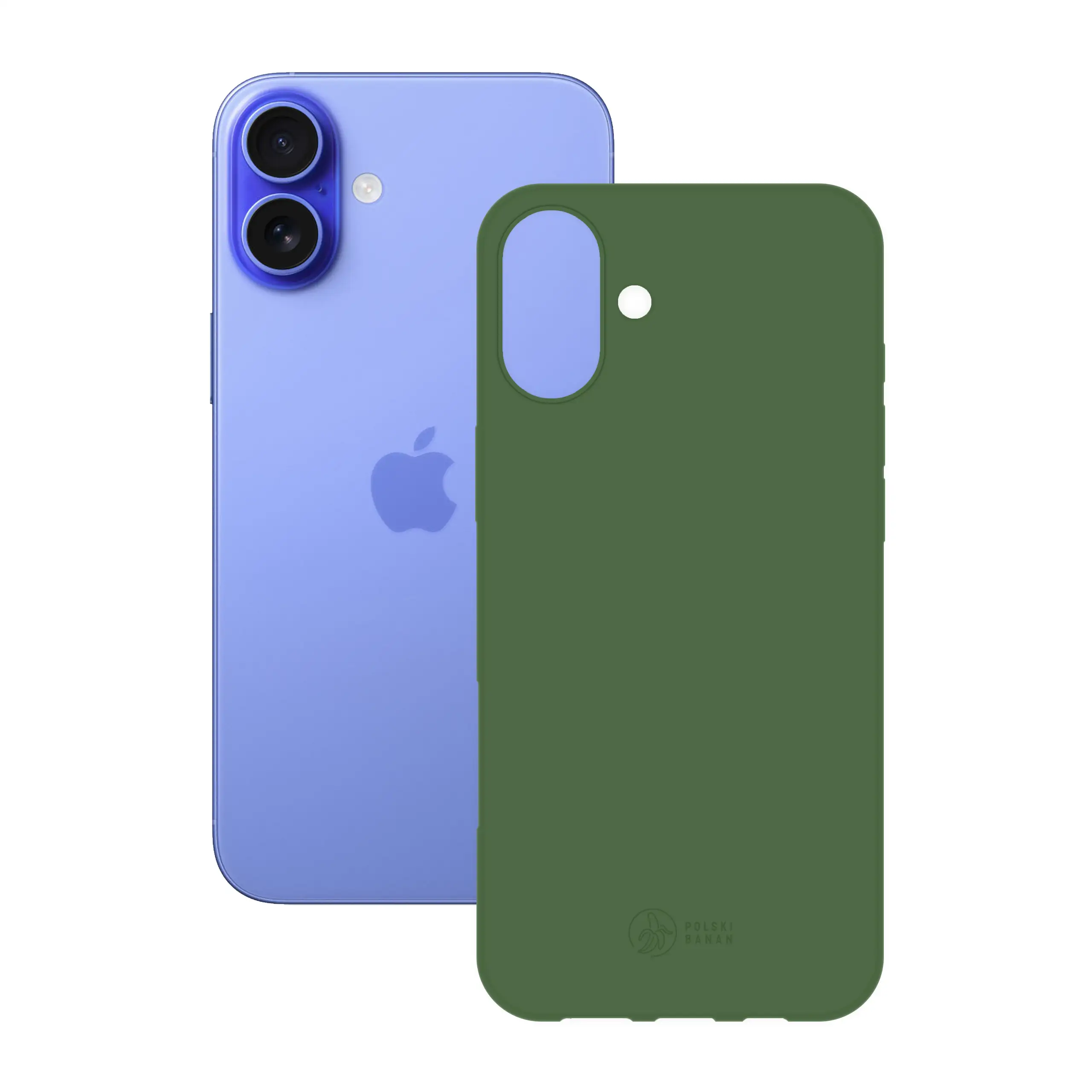 Etui silikonowe matowe butelkowe Polski Banan obok telefonu Apple iPhone 16 Plus