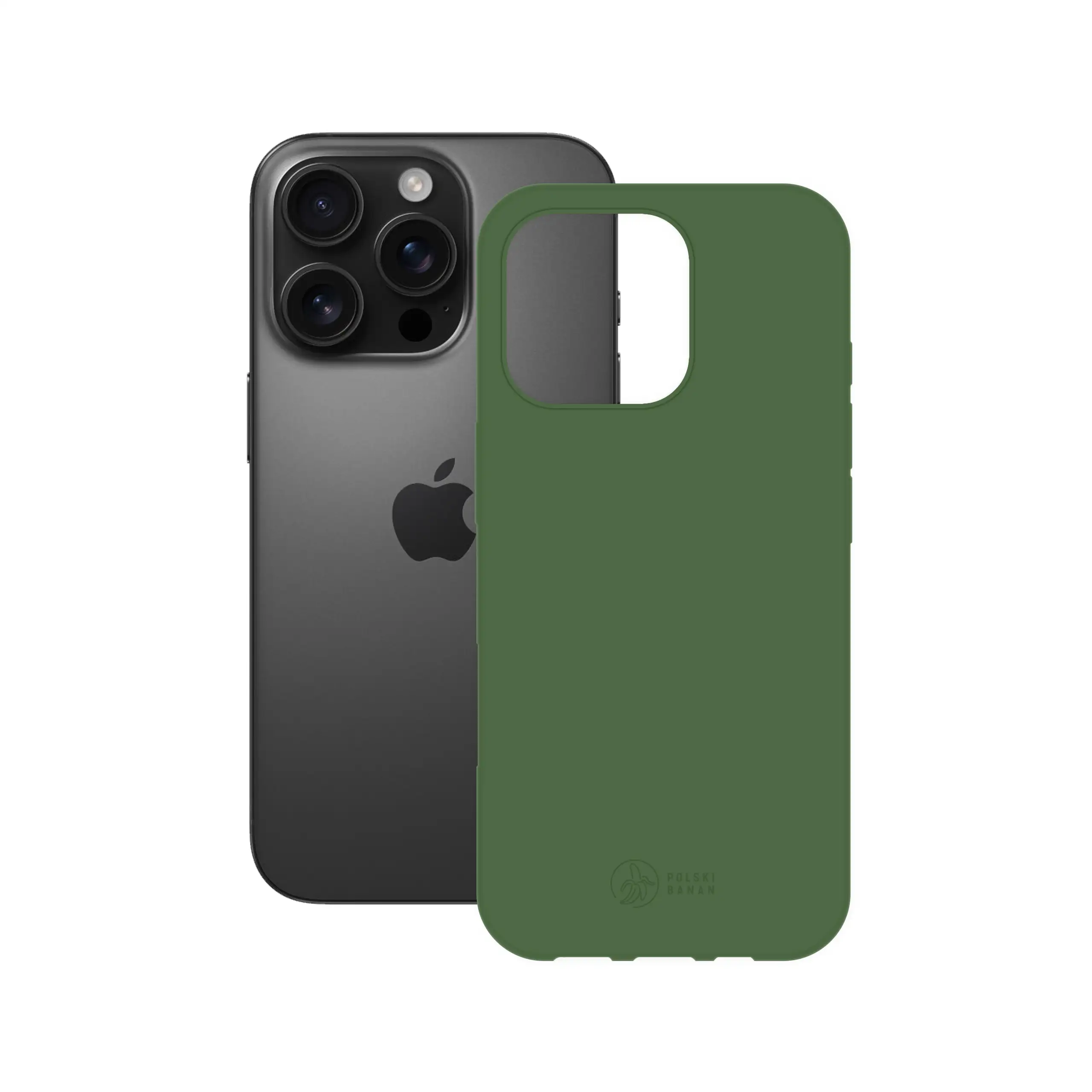 Etui silikonowe matowe butelkowe Polski Banan obok telefonu Apple iPhone 16 Pro