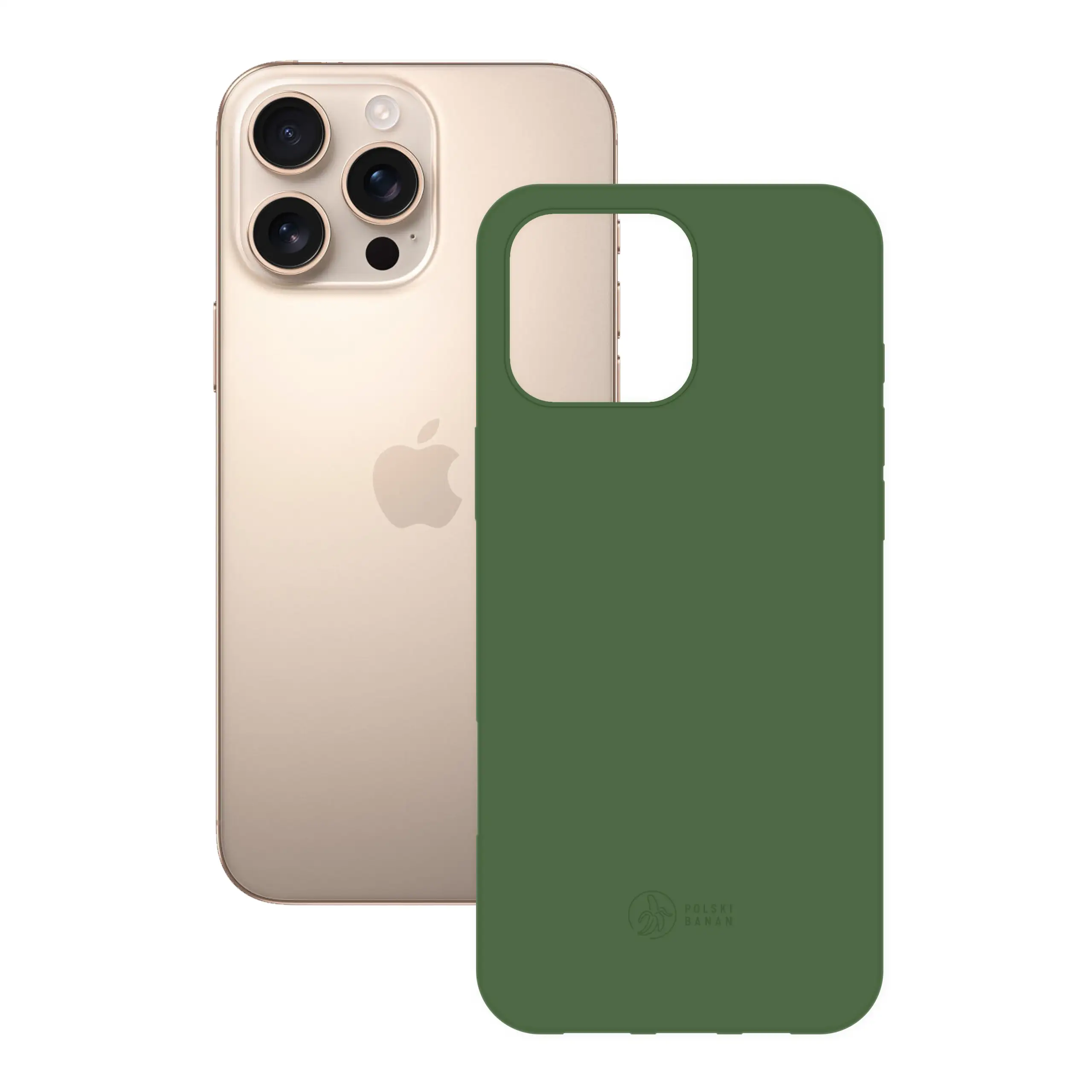 Etui silikonowe matowe butelkowe Polski Banan obok telefonu Apple iPhone 16 Pro Max