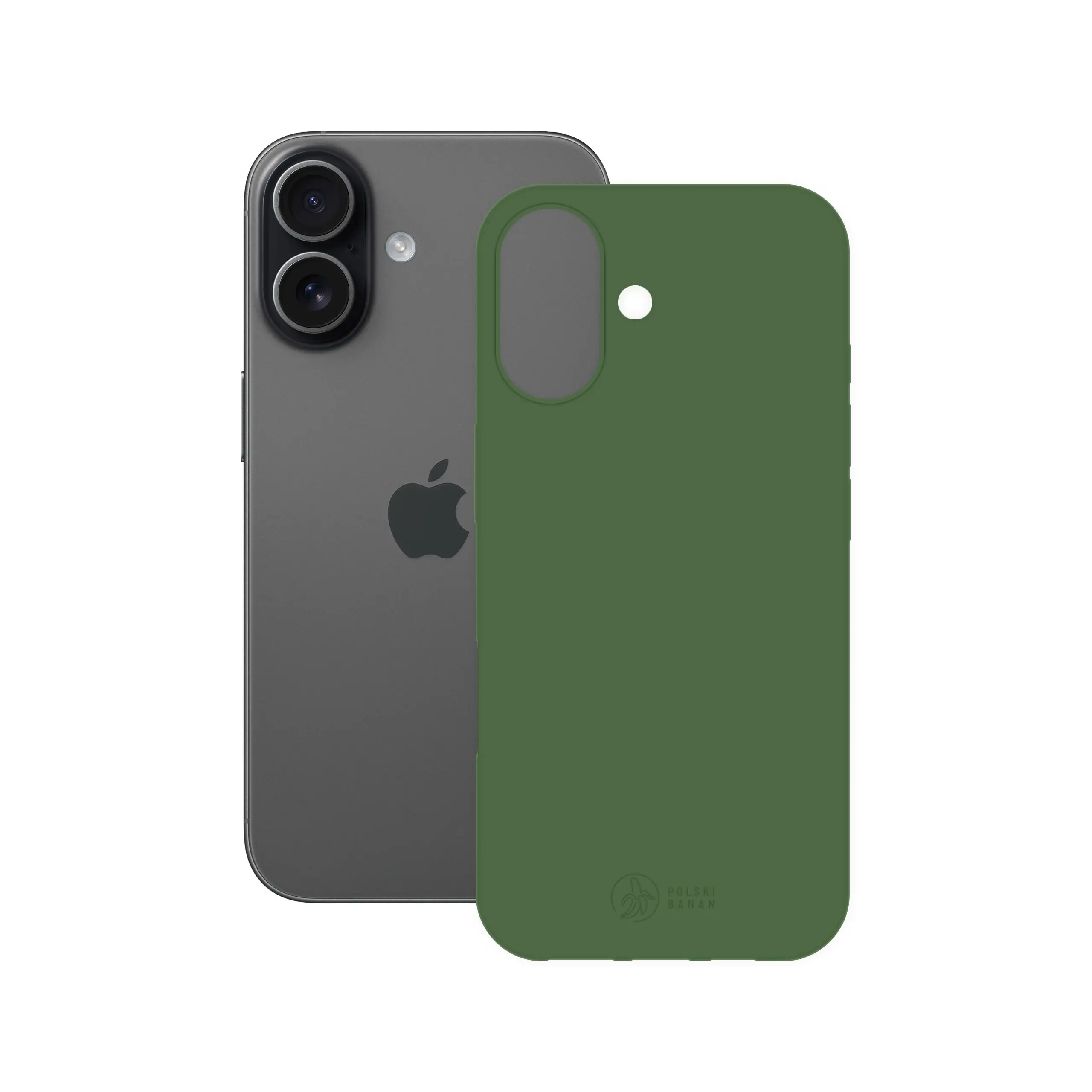 Etui silikonowe matowe butelkowe Polski Banan obok telefonu Apple iPhone 17