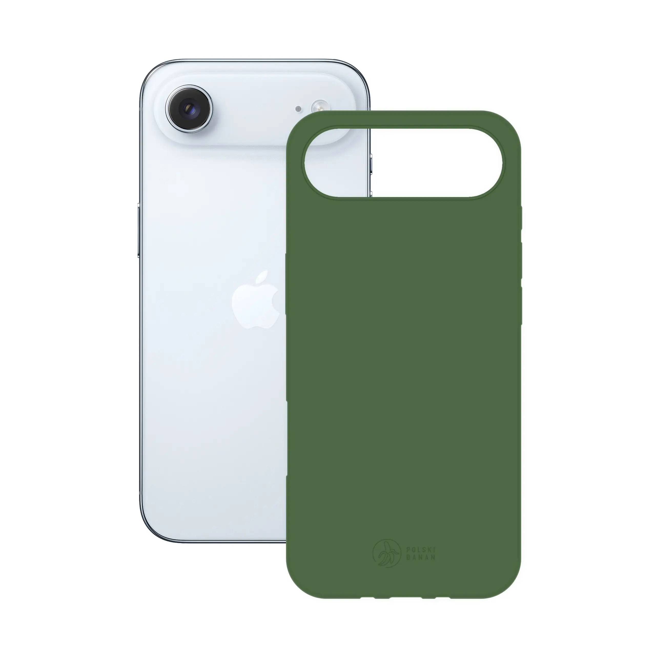 Etui silikonowe matowe butelkowe Polski Banan obok telefonu Apple iPhone 17 Air