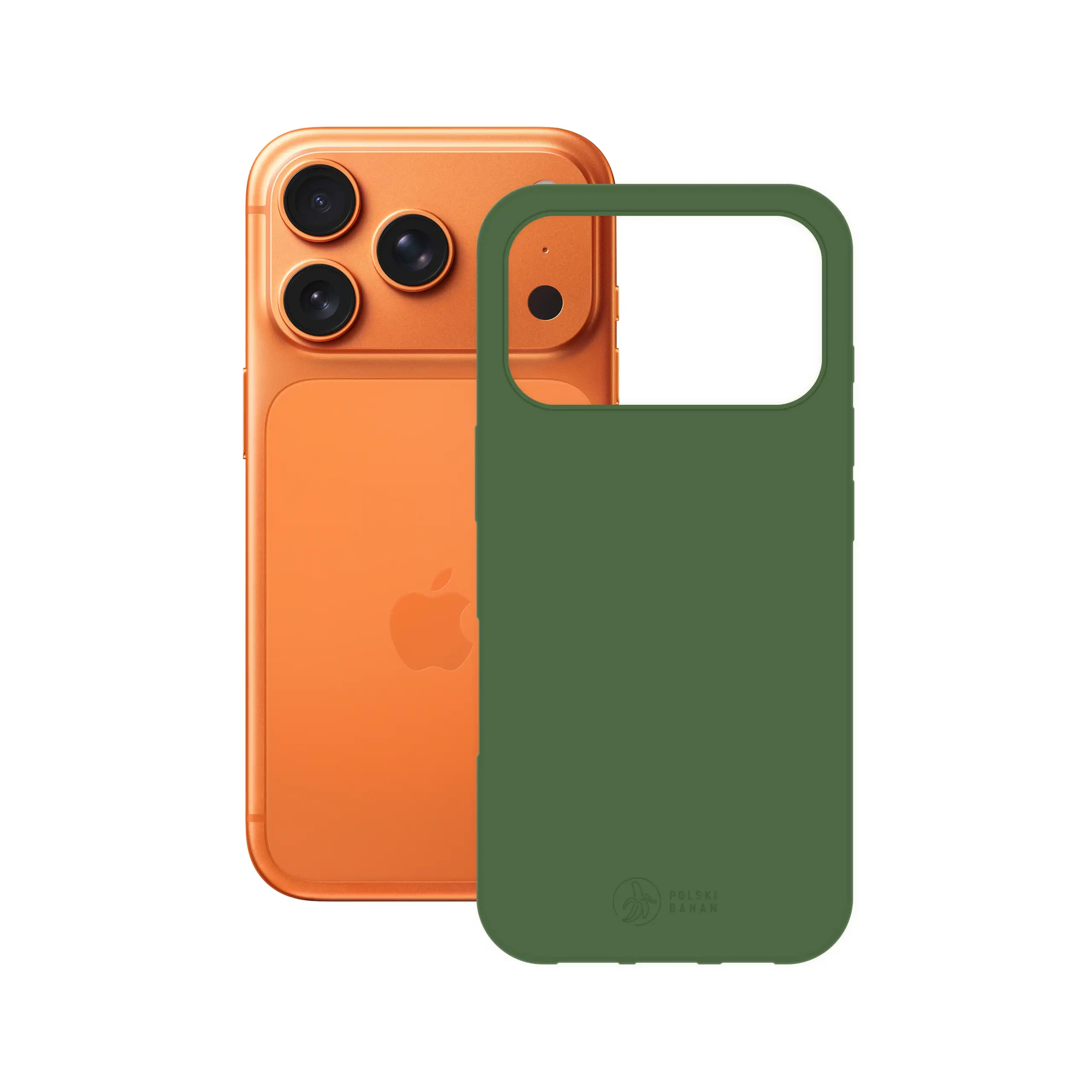 Etui silikonowe matowe butelkowe Polski Banan obok telefonu Apple iPhone 17 Pro